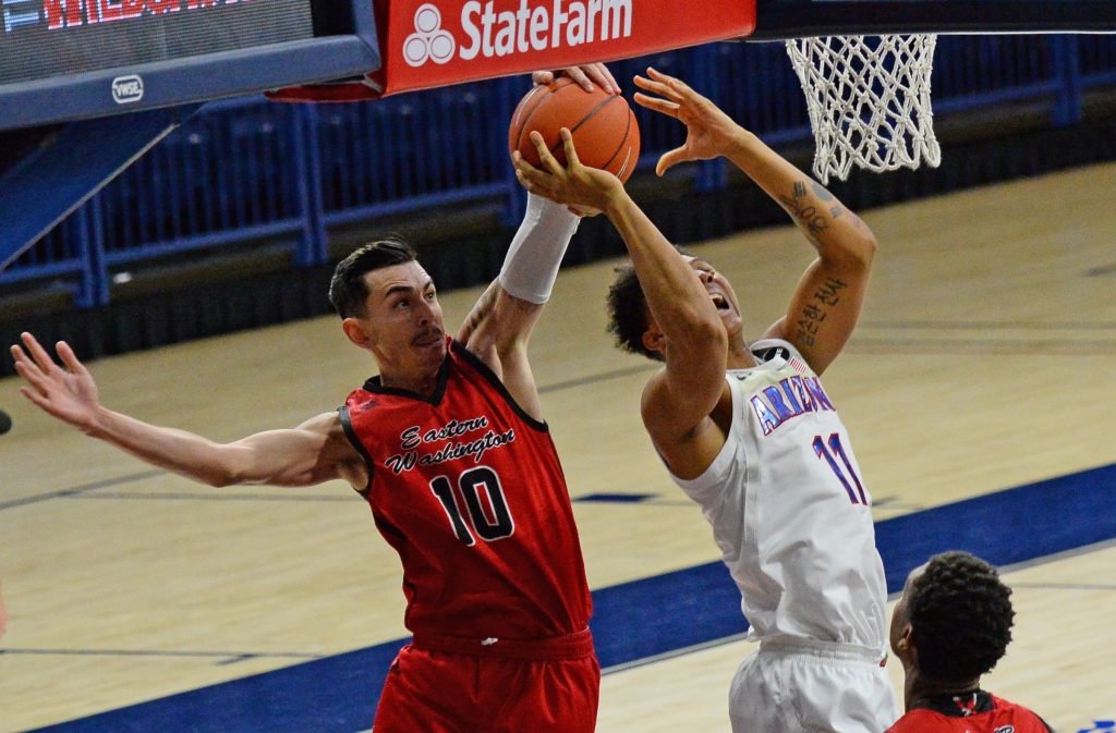 Eastern Washington Guard Jacob Davidson blocks shot