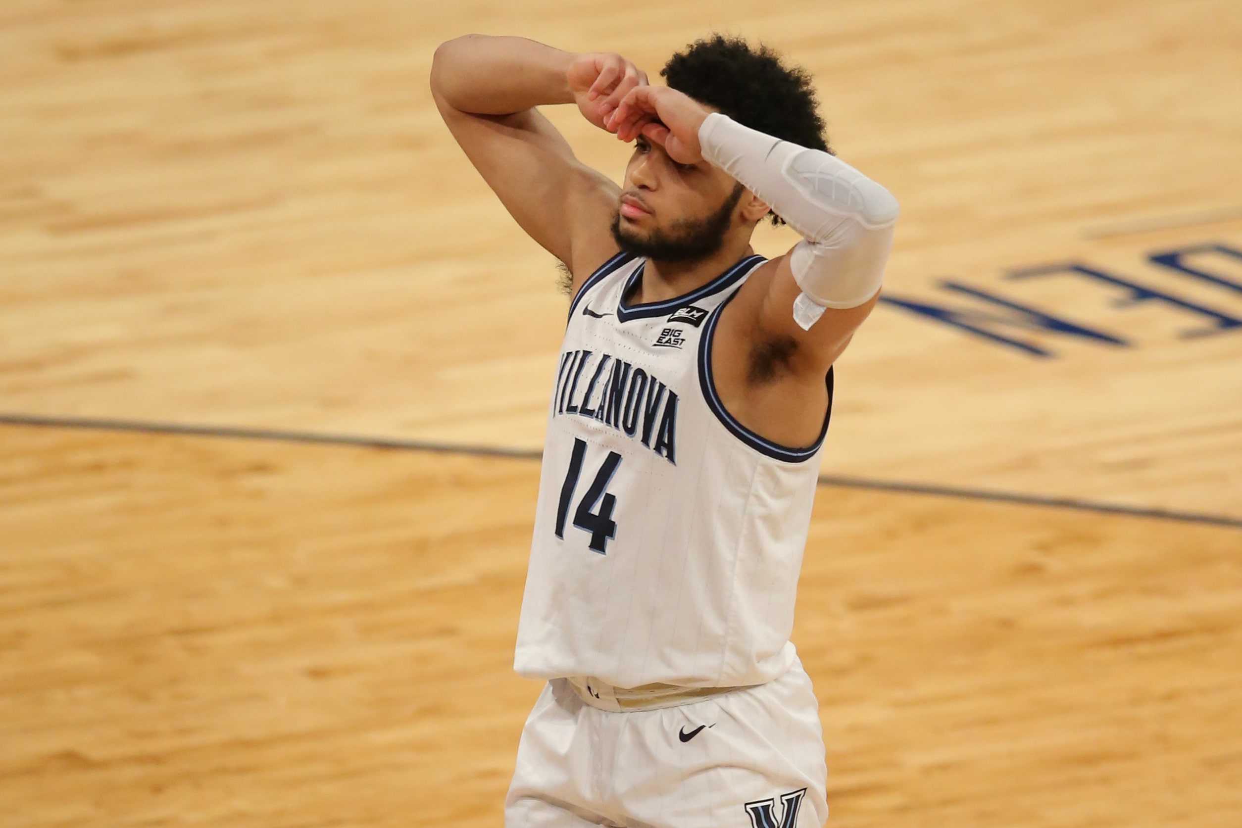 Villanova Wildcats guard Caleb Daniels (14) reacts after missing a shot at the buzzer and losing to the Georgetown Hoyas in a Big East tournament game at Madison Square Garden.