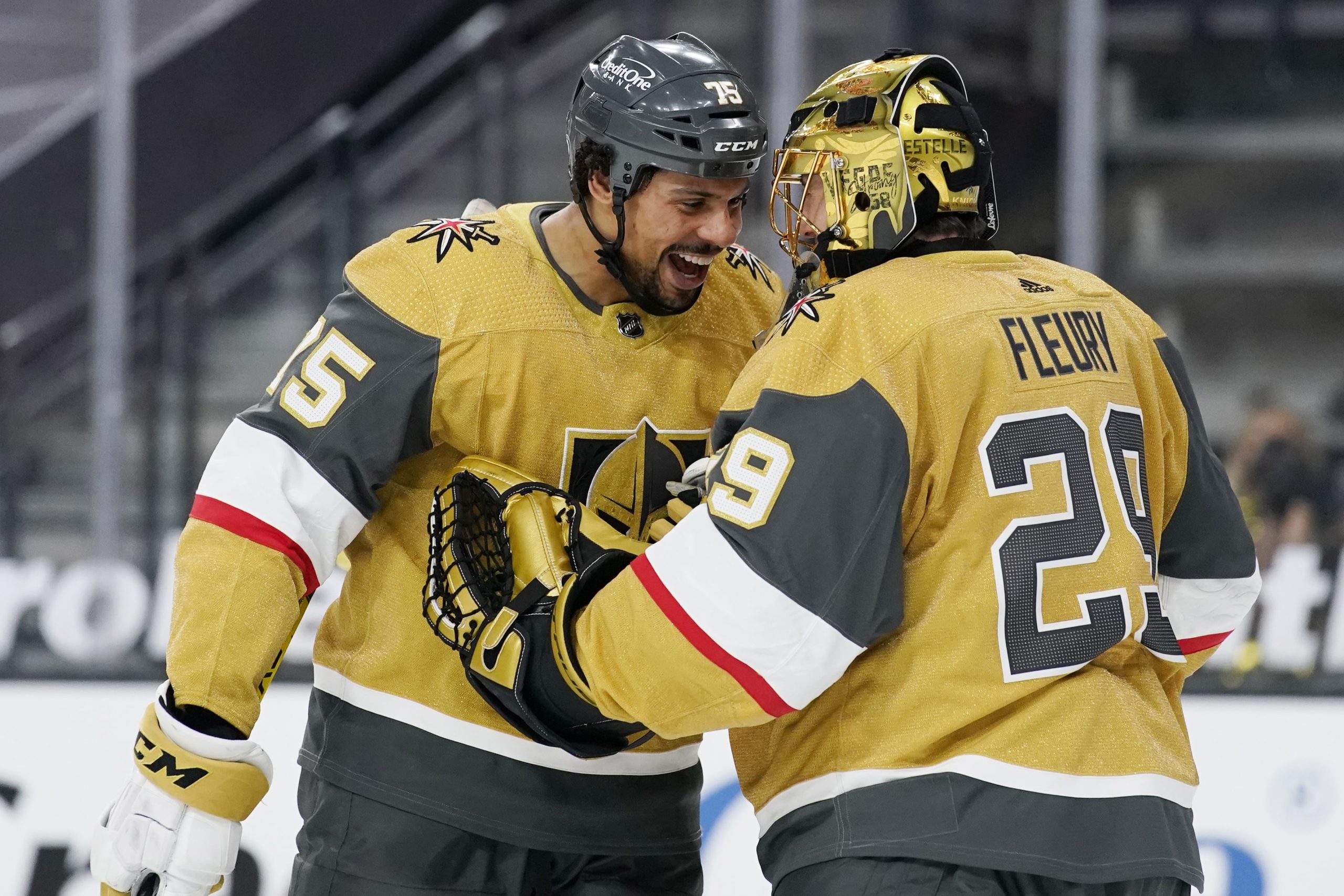 Vegas Golden Knights goaltender Marc-Andre Fleury celebrates after a goal by right wing Ryan Reaves