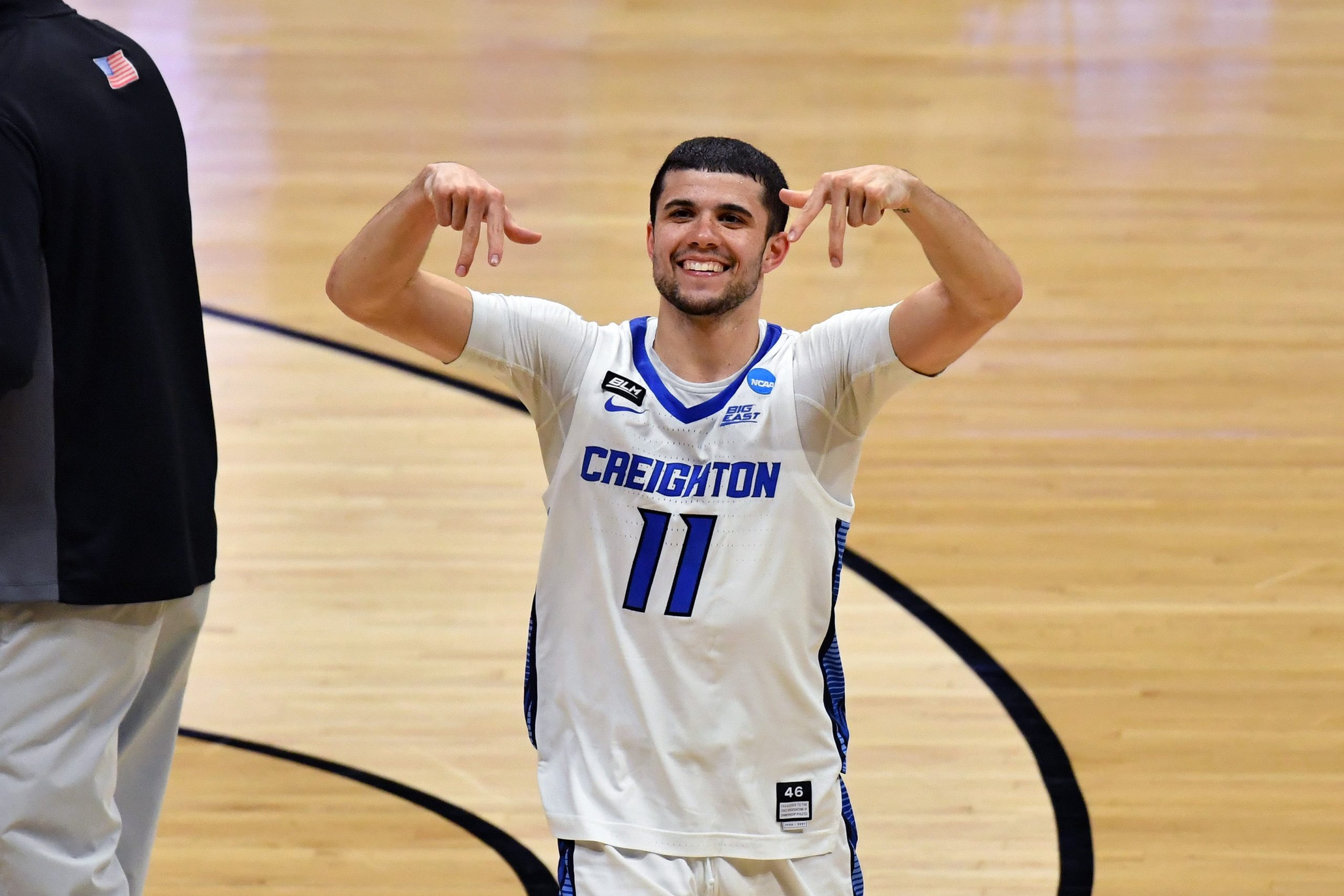 Creighton Bluejays guard Marcus Zegarowski (11) celebrates after defeating the Ohio Bobcats in the second round of the 2021 NCAA Tournament at Hinkle Fieldhouse