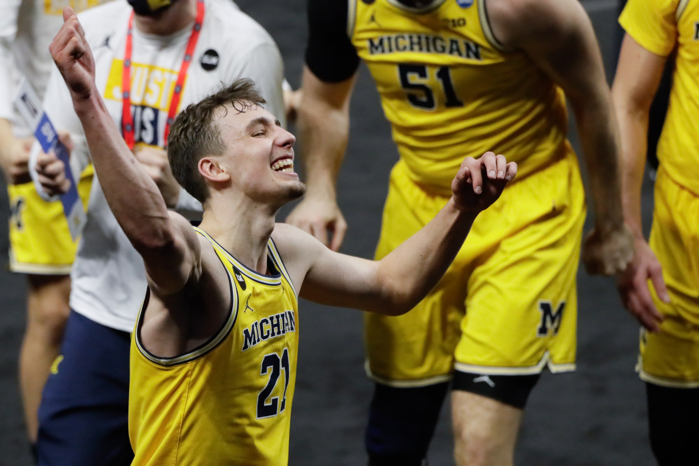 Michigan Wolverines guard Franz Wagner (21) dances after their 86-78 victory against the LSU Tigers during the second round of the 2021 NCAA Tournament on Monday, March 22, 2021, at Lucas Oil Stadium in Indianapolis