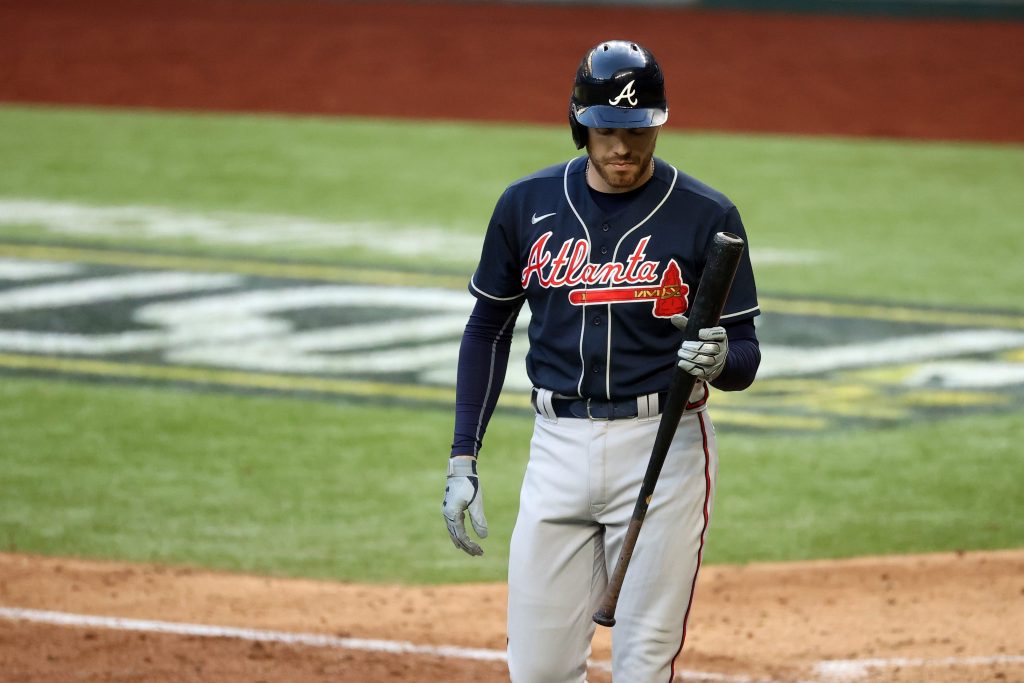 Atlanta Braves first baseman Freddie Freeman (5) reacts to striking out in the seventh inning against the Los Angeles Dodgers during game six of the 2020 NLCS at Globe Life Field