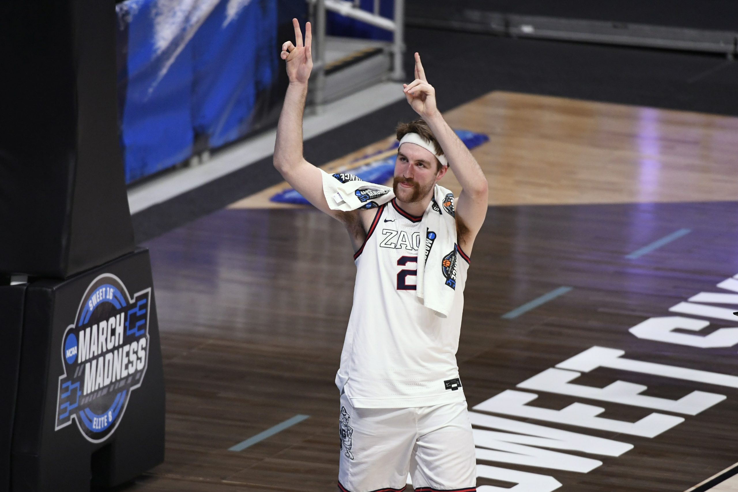 Gonzaga Bulldogs forward Drew Timme (2) reacts after defeating the Creighton Bluejays during the Sweet 16 of the 2021 NCAA Tournament at Hinkle Fieldhouse