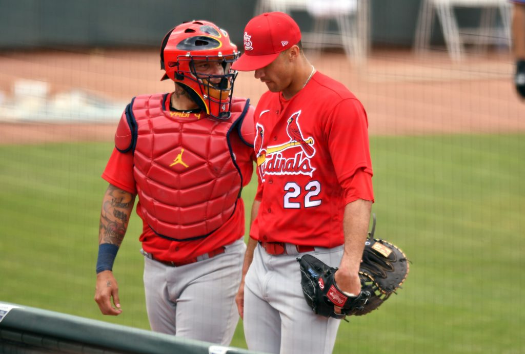 Jack Flaherty and Yadier Molina of the St. Louis Cardinals