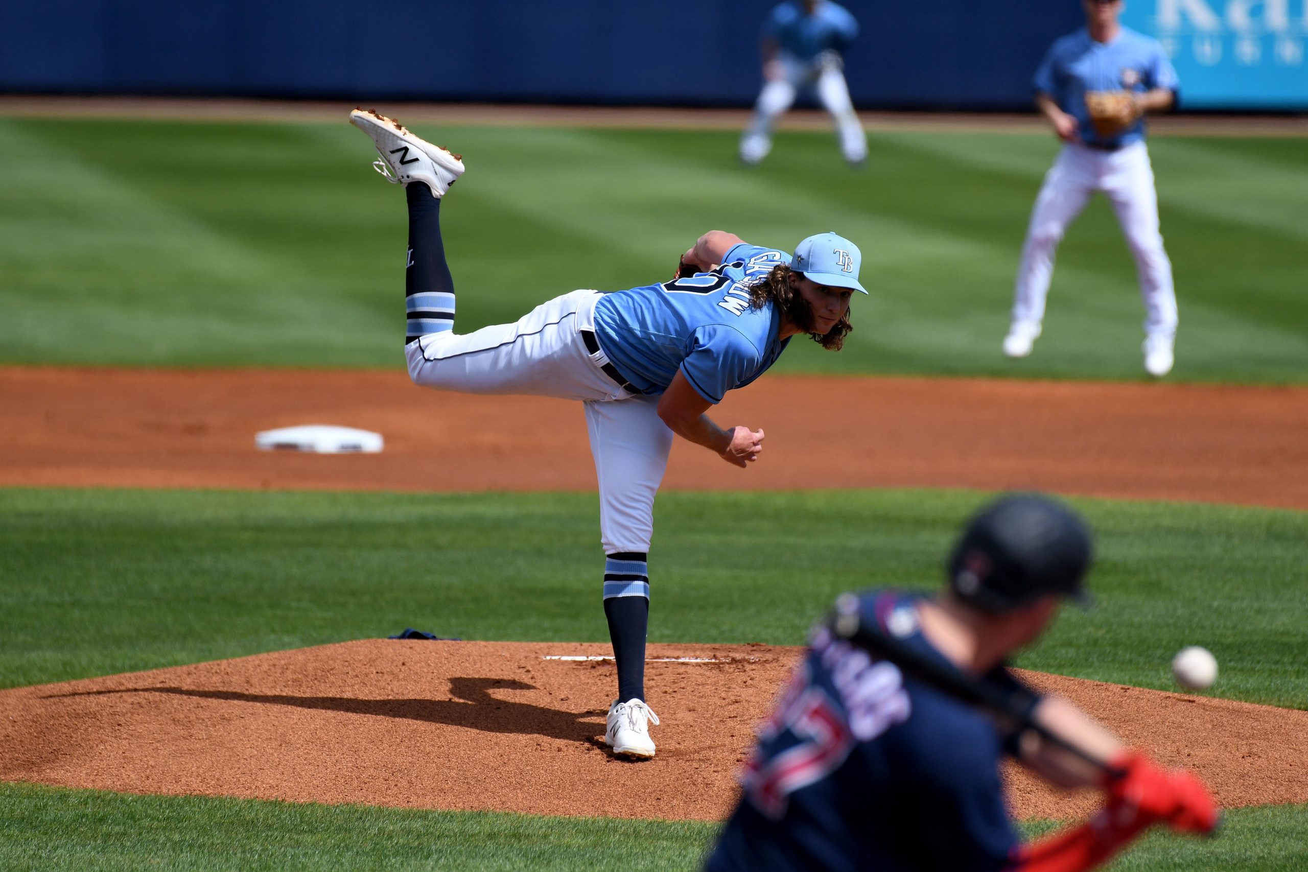 Tampa Bay Rays pitcher Tyler Glasnow (20) throws a pitch in the first inning against the Minnesota Twins during spring training at Charlotte Sports Park.