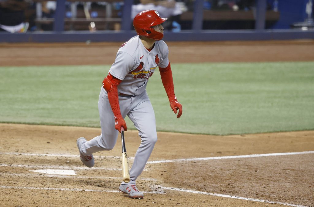 St. Louis Cardinals right fielder Dylan Carlson (3) watches his grand slam against the Miami Marlins during the ninth inning at loanDepot Park in Miami, Florida