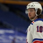 Apr 1, 2021; Buffalo, New York, USA; New York Rangers left wing Artemi Panarin (10) on the ice for warmups before a game against the Buffalo Sabres at KeyBank Center.