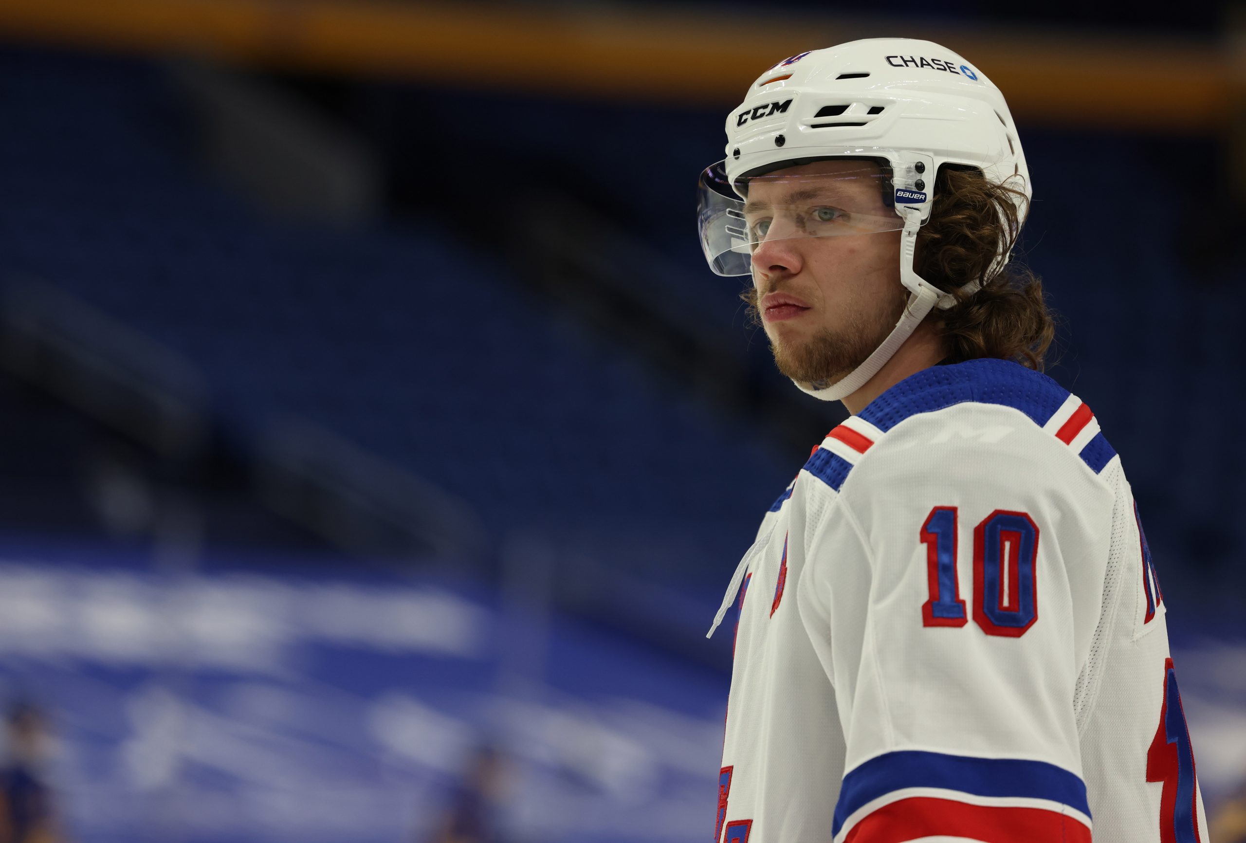 Apr 1, 2021; Buffalo, New York, USA; New York Rangers left wing Artemi Panarin (10) on the ice for warmups before a game against the Buffalo Sabres at KeyBank Center.