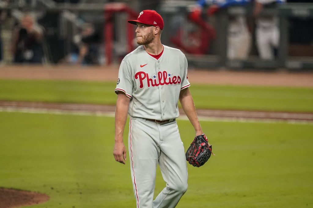Philadelphia Phillies starting pitcher Zack Wheeler (45) reacts after being removed from the game against the Atlanta Braves during the fifth inning at Truist Park