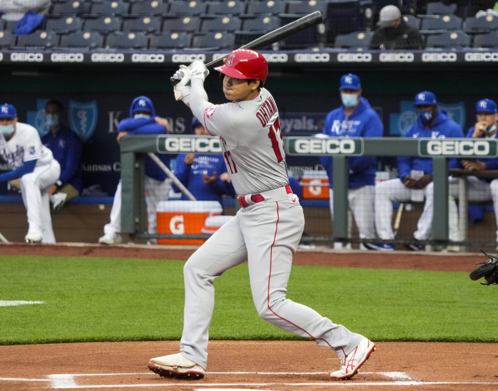 Shohei Ohtani bats for the Los Angeles Angels