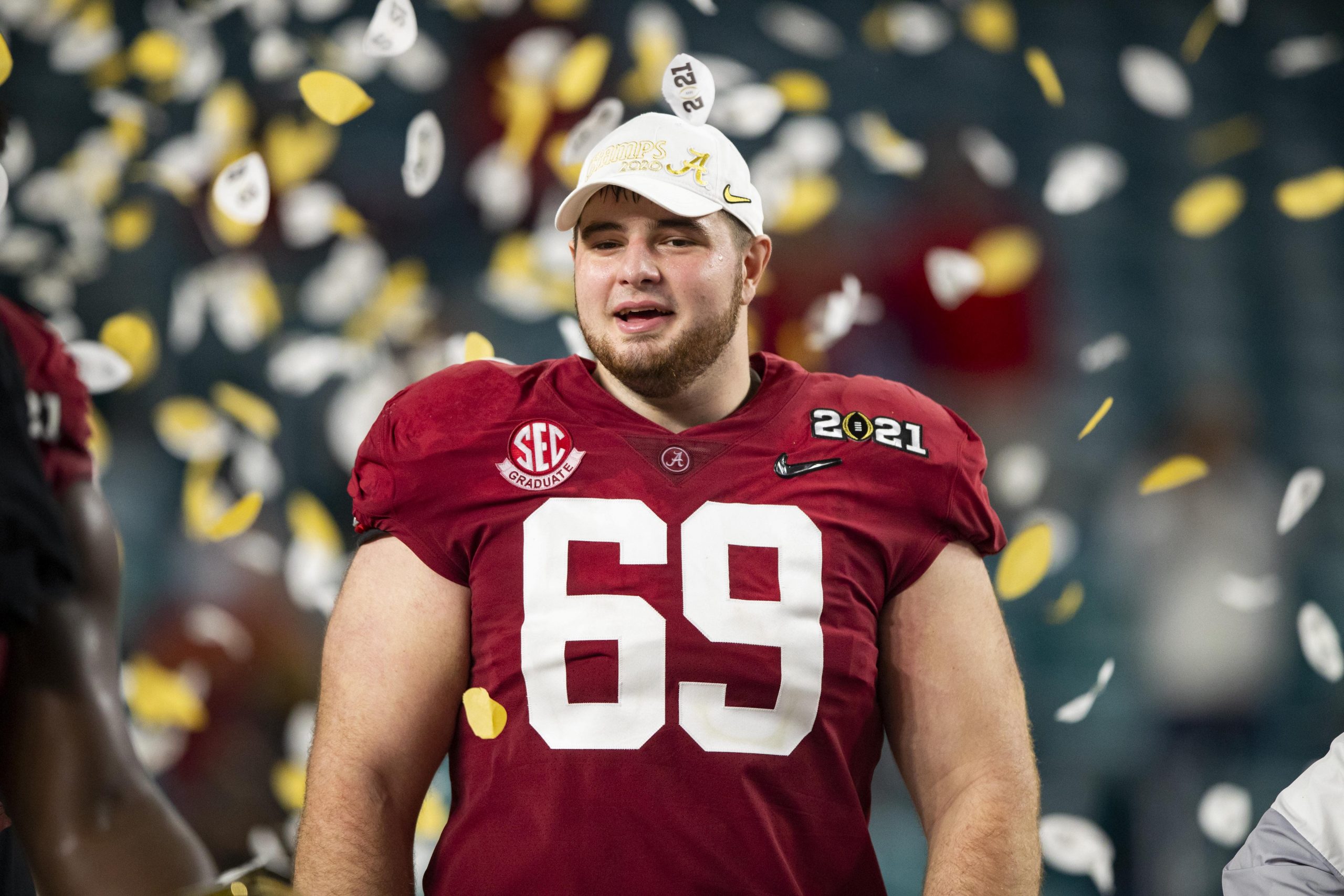 Alabama Crimson Tide offensive lineman Landon Dickerson (69) celebrates after beating the Ohio State Buckeyes in the 2021 College Football Playoff National Championship Game