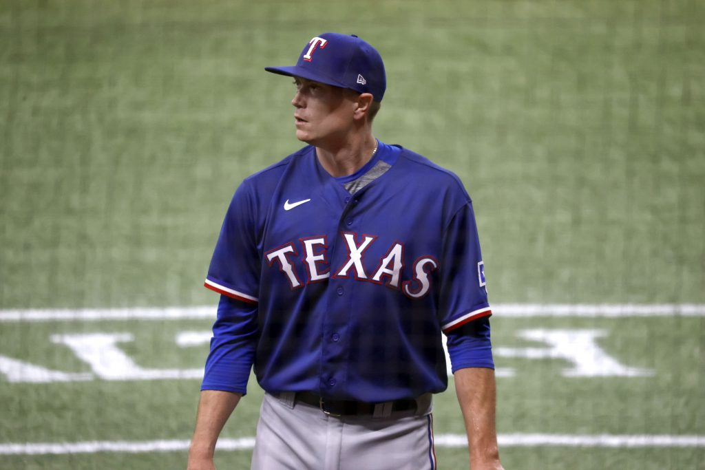 Texas Rangers starting pitcher Kyle Gibson (44) walks back to the dugout at the end of the first inning against the Tampa Bay Rays at Tropicana Field