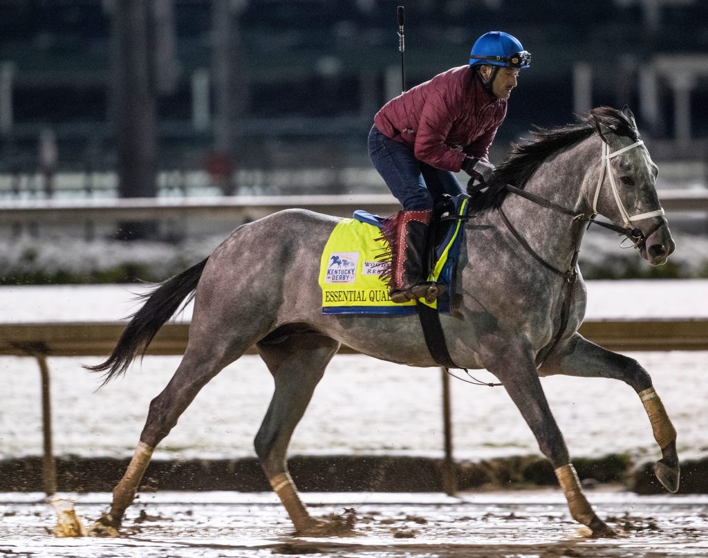 Kentucky Derby favorite Essential Quality gallops before dawn on the track at Churchill Downs. April 21, 2021