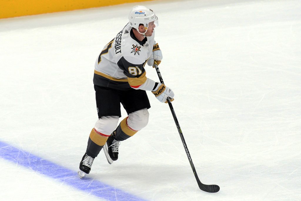 May 1, 2021; Glendale, Arizona, USA; Vegas Golden Knights center Jonathan Marchessault (81) controls the puck against the Arizona Coyotes during overtime at Gila River Arena.
