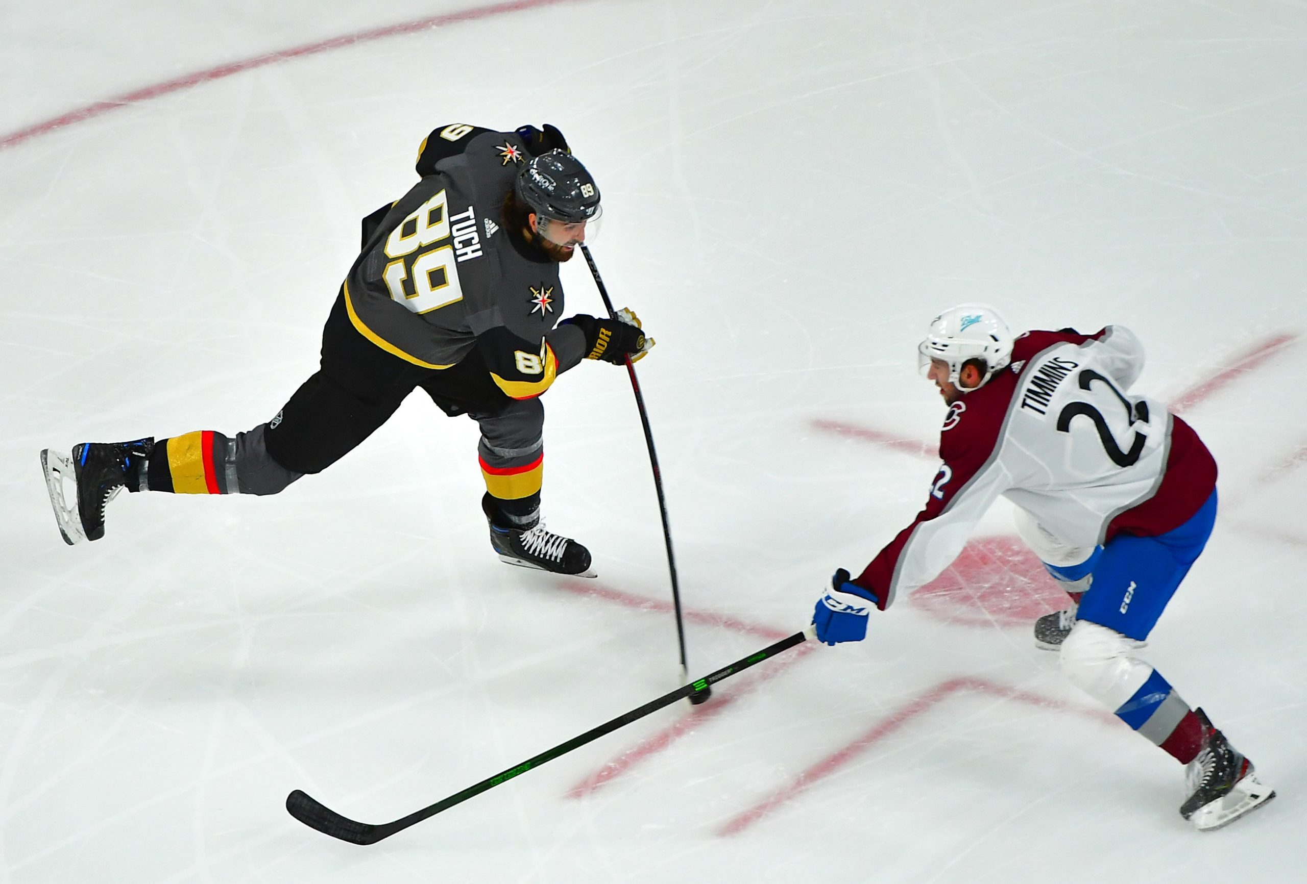 Vegas Golden Knights right wing Alex Tuch (89) shoots against Colorado Avalanche