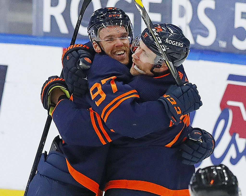 Connor McDavid celebrates his 100th point of the regular season for Edmonton.