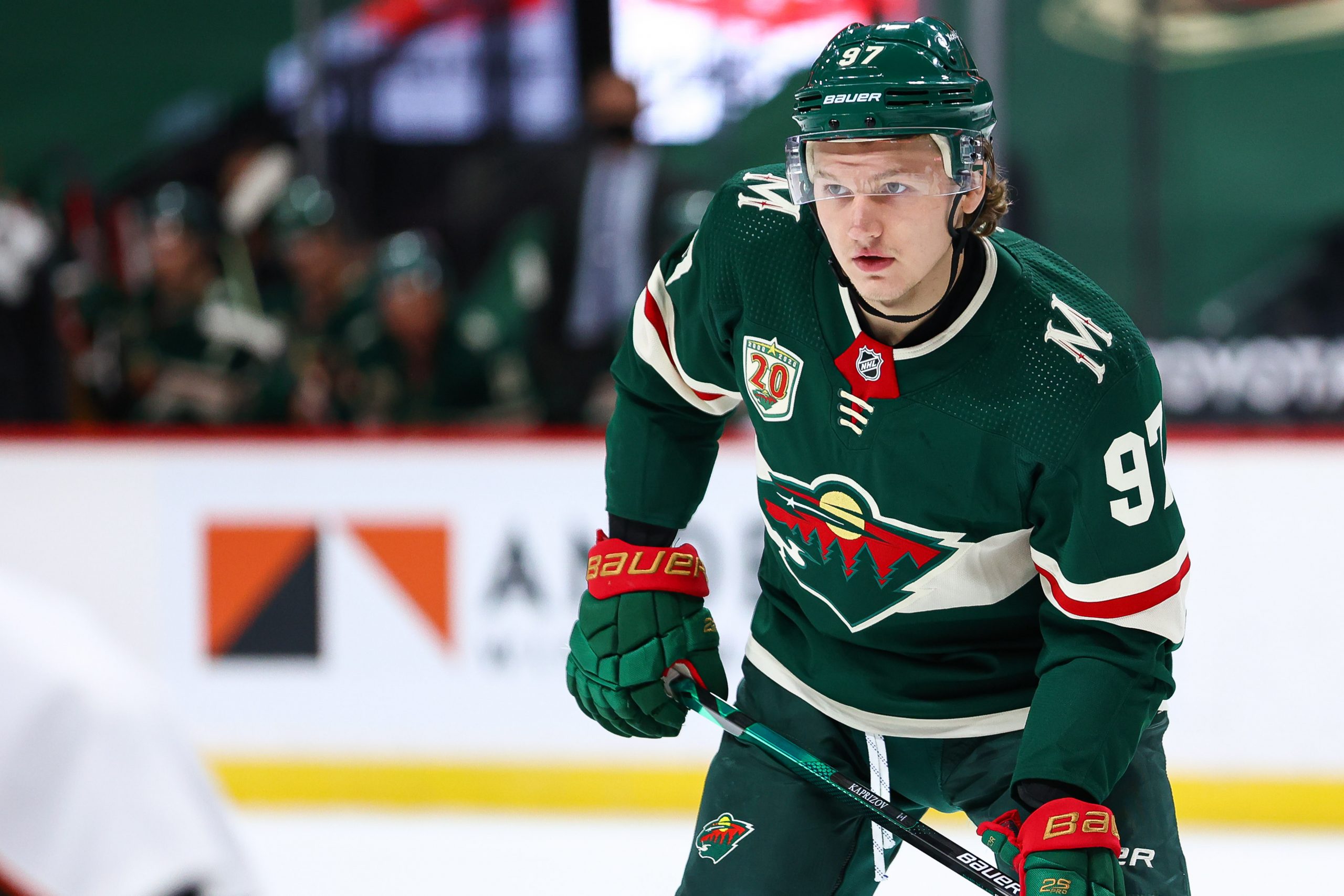 May 7, 2021; Saint Paul, Minnesota, USA; Minnesota Wild left wing Kirill Kaprizov (97) looks on during the second period against the Anaheim Ducks at Xcel Energy Center.