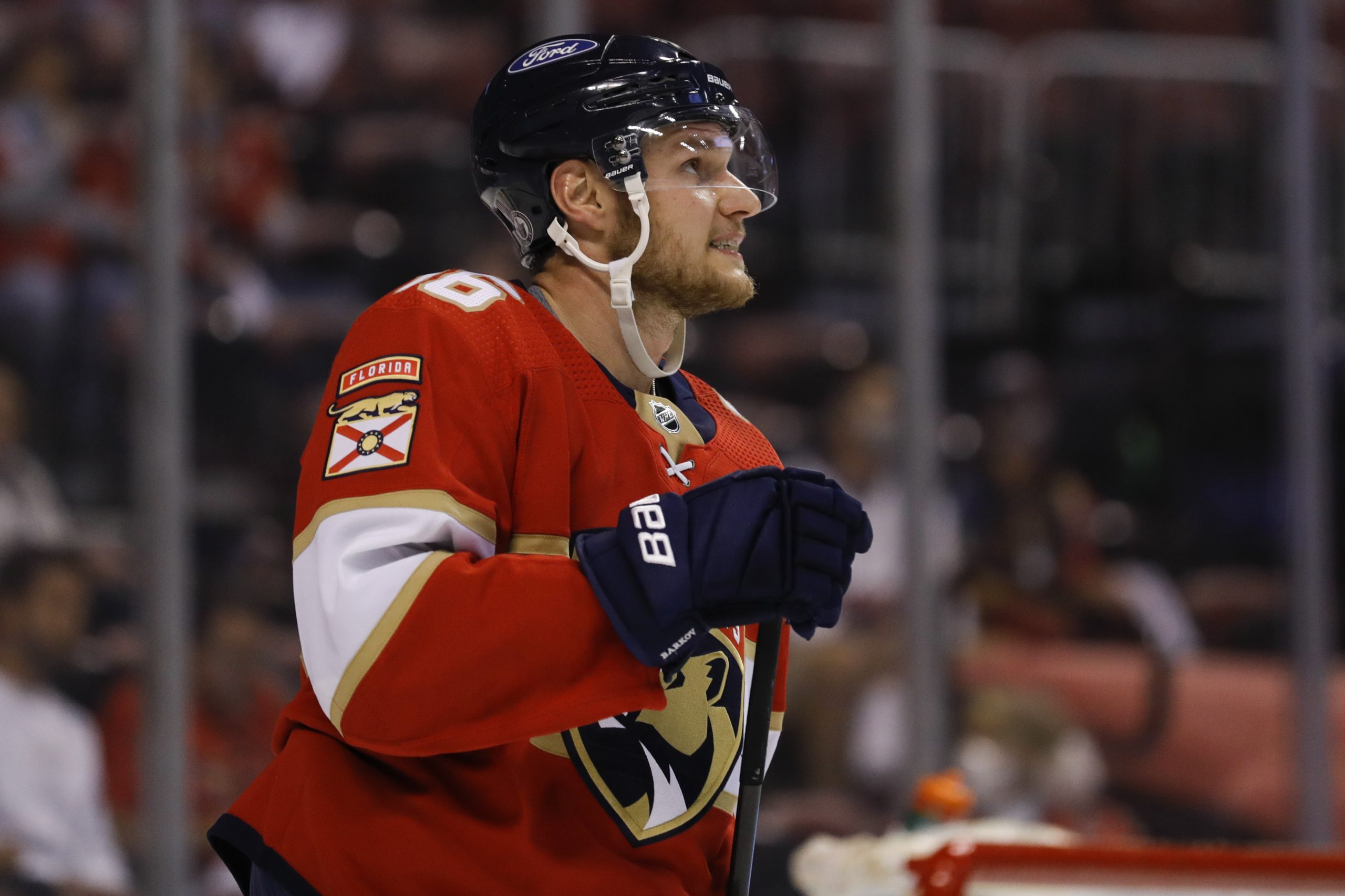 May 16, 2021; Sunrise, Florida, USA; Florida Panthers center Aleksander Barkov (16) looks on from the ice against the Tampa Bay Lightning during the first period in game one of the first round of the 2021 Stanley Cup Playoffs at BB&T Center.
