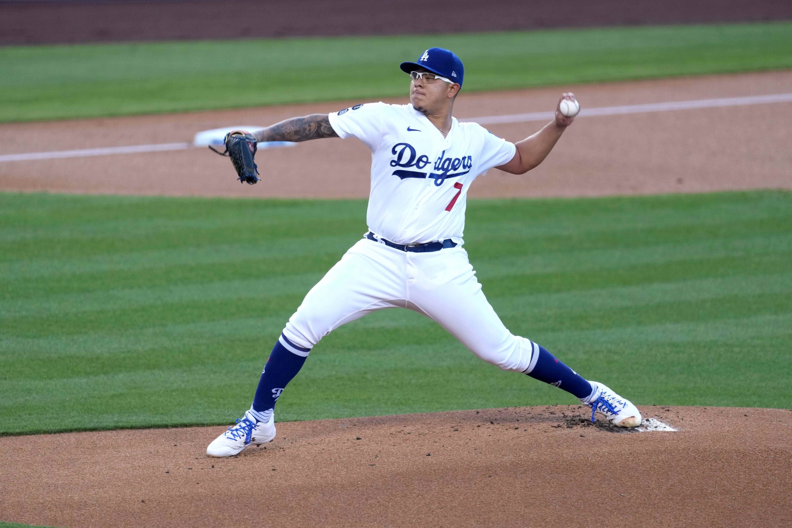 Julio Urias throws a pitch for the Los Angeles Dodgers