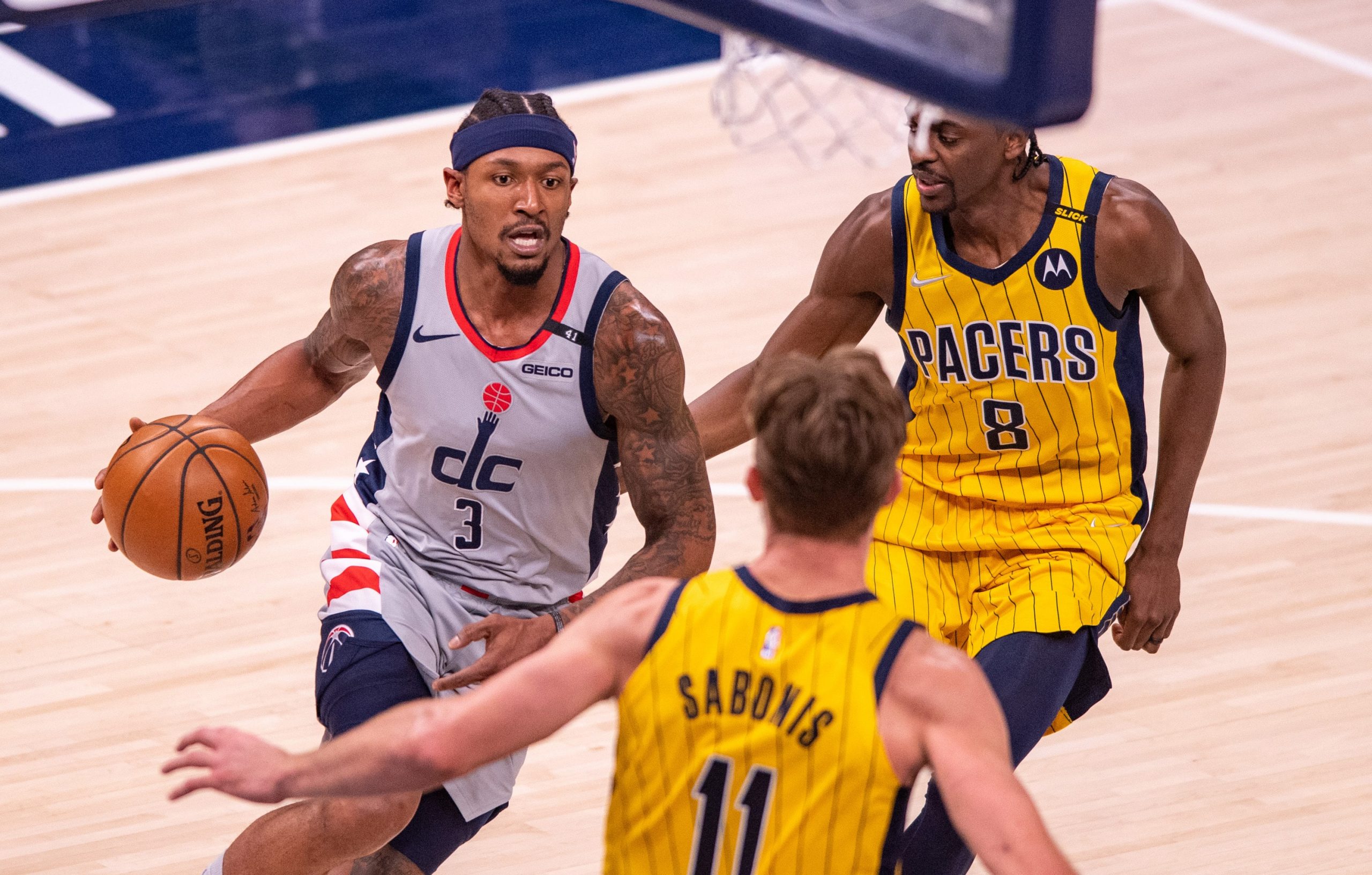 Washington Wizards guard Bradley Beal (3) drives to the basket during the second half of an NBA basketball game against the Indiana Pacers at Bankers Life Fieldhouse.
