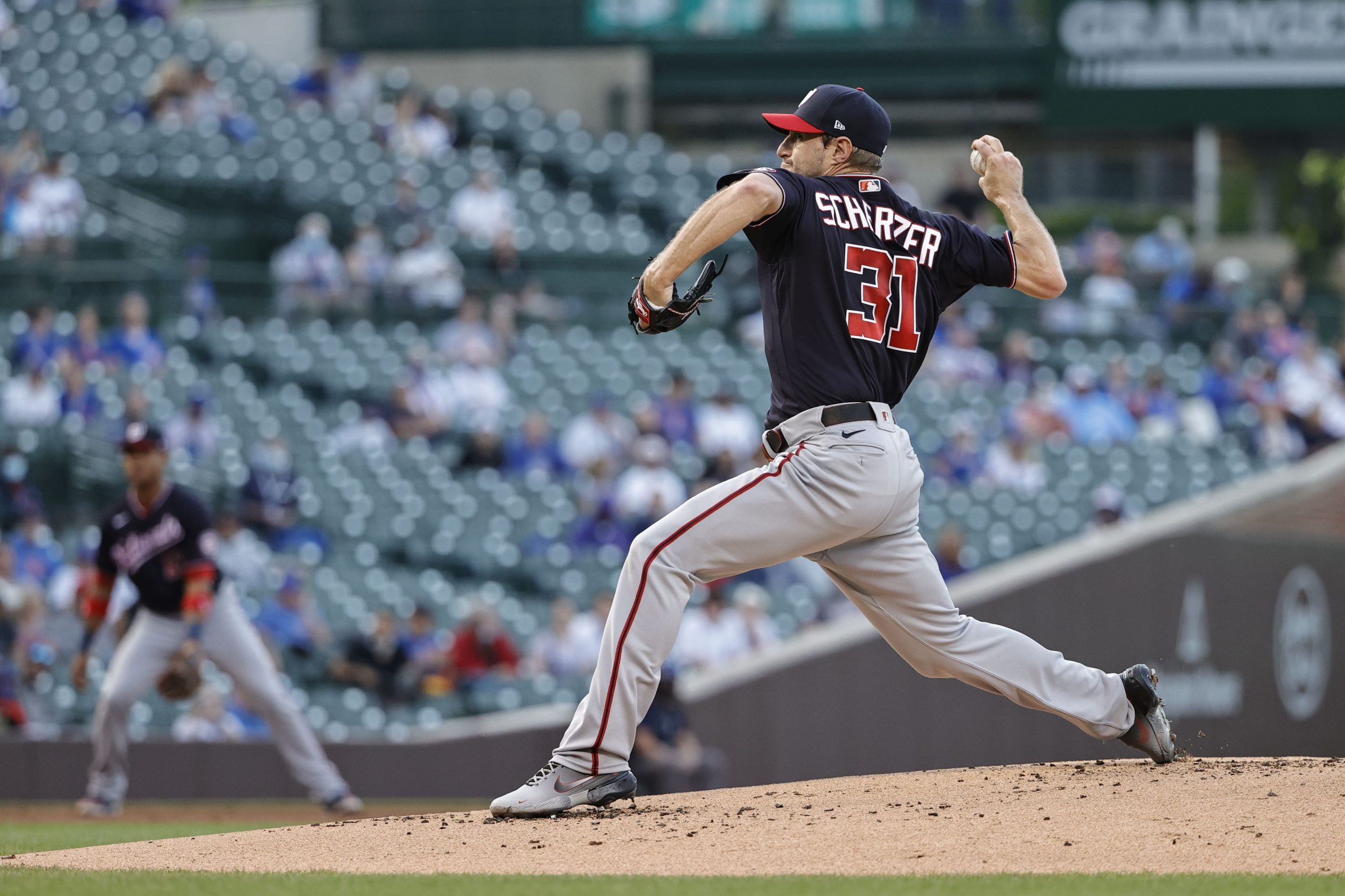 Washington Nationals starting pitcher Max Scherzer (31) delivers against the Chicago Cubs during the first inning at Wrigley Field.