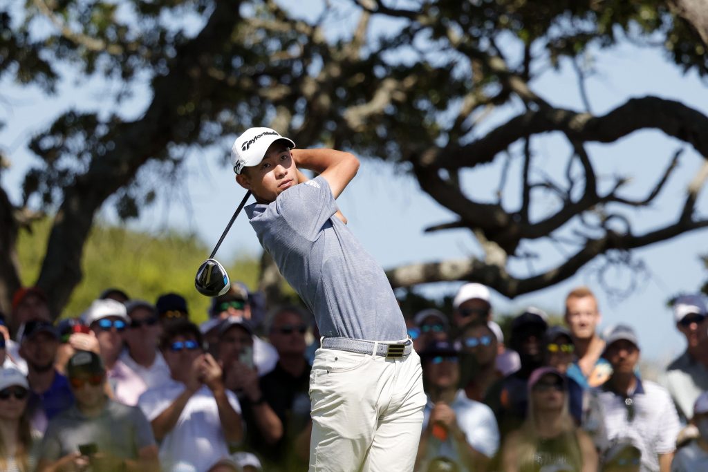 Collin Morikawa hits from the seventh tee during the second round of the PGA Championship golf tournament.