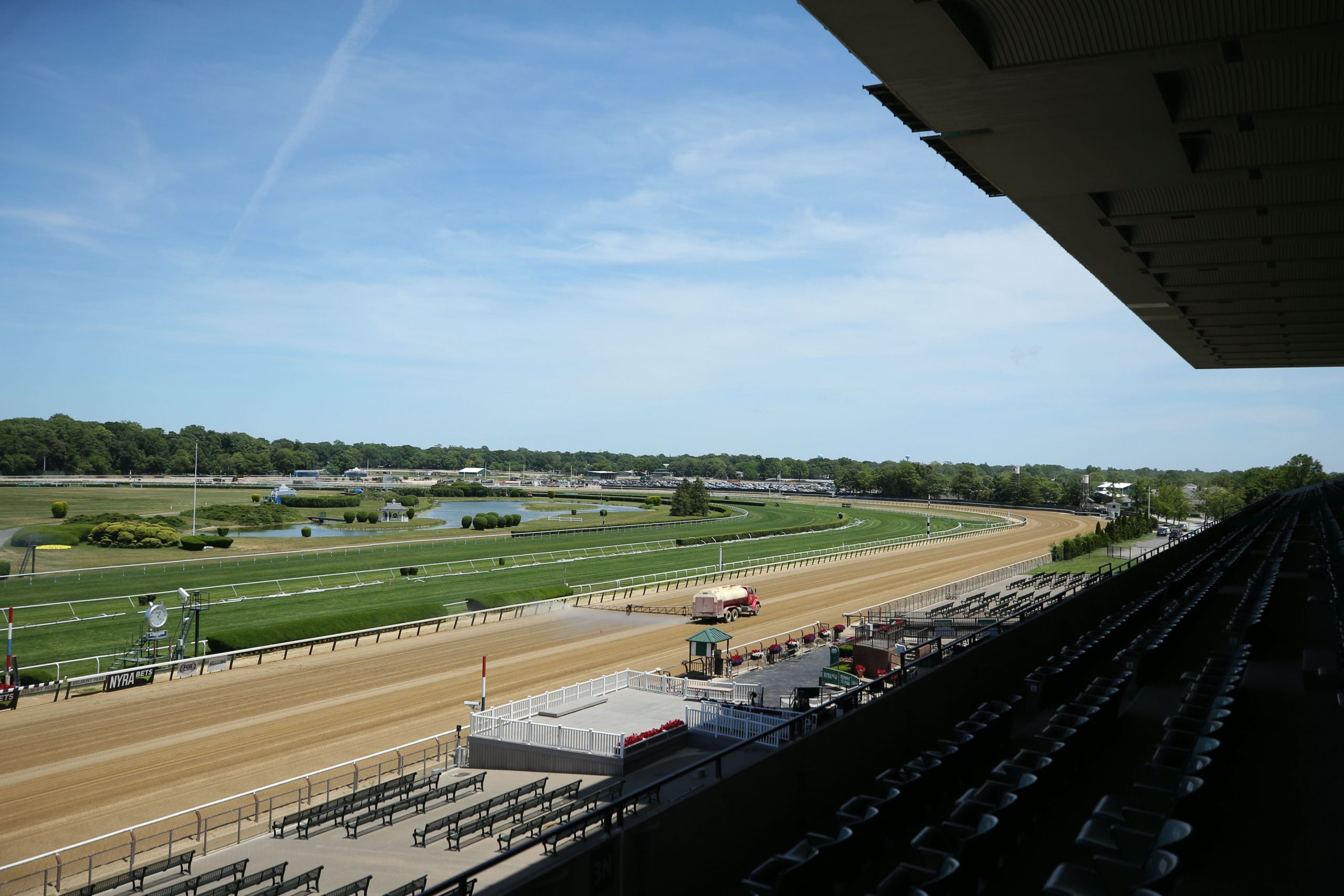 General view as the track gets watered at Belmont Park.