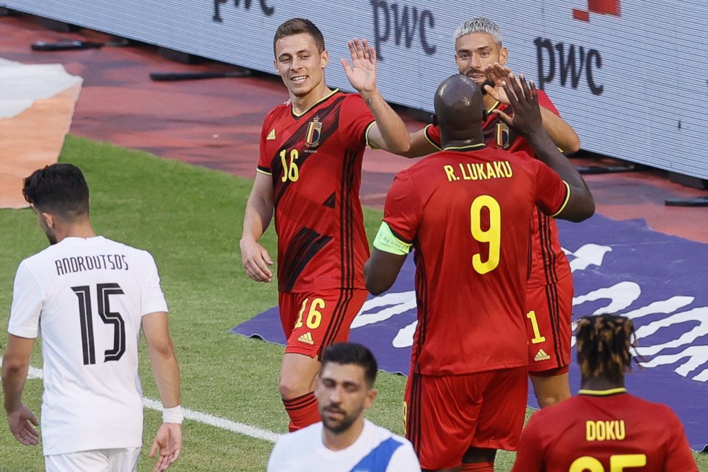 Belgium's Thorgan Hazard celebrates after scoring during a friendly game of the Belgian national soccer team Red Devils and Greece national team, in Brussels, part of the preparation for the Euro 2020 tournament.