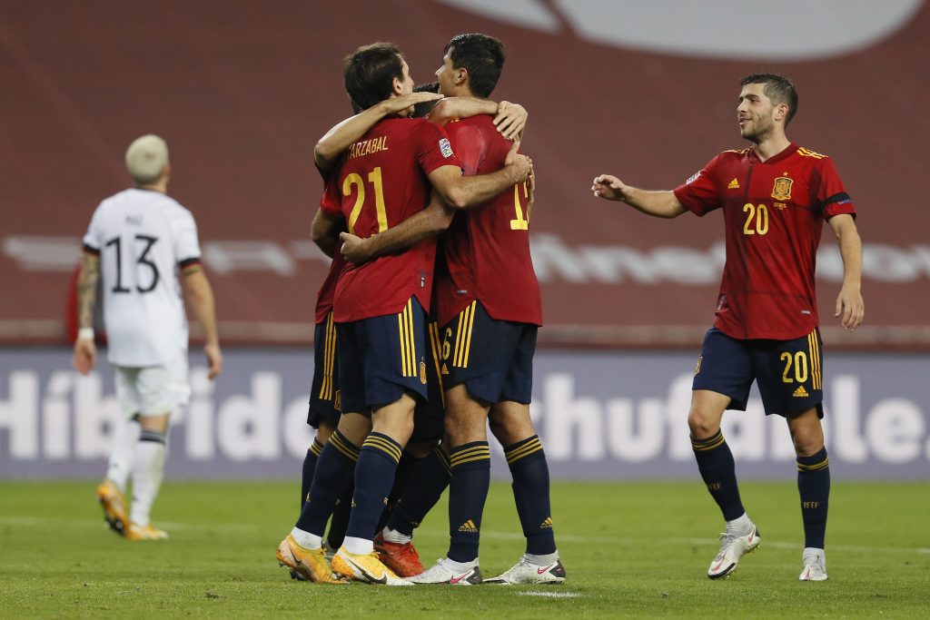 Spain celebrate scoring a Nations League goal against Germany