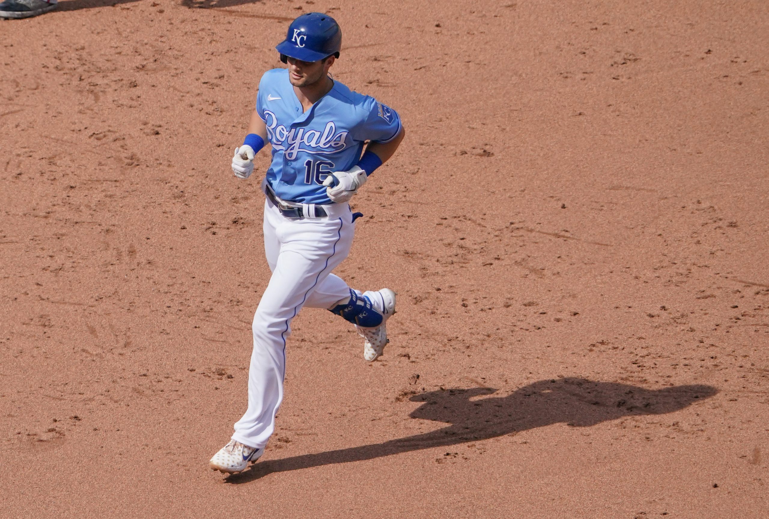 Kansas City Royals left fielder Andrew Benintendi (16) runs the bases after hitting a two run hime run in the fifth inning against the Minnesota Twins at Kauffman Stadium