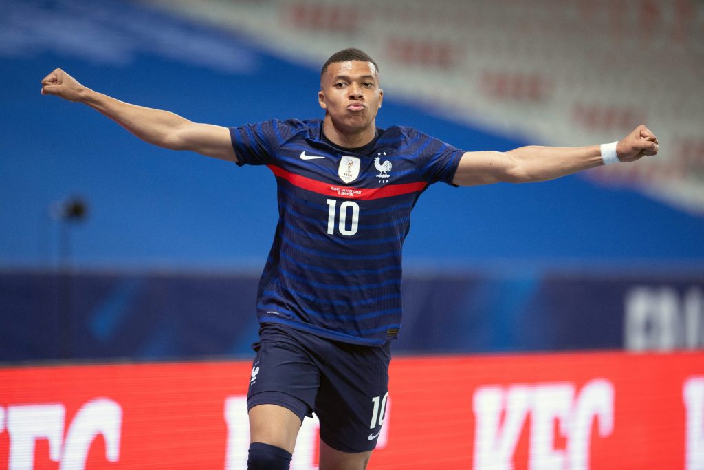 Kylian MBappe of France celebrates his goal during the international friendly match between France and Wales at Allianz Riviera Stadium, on June 2, 2021 in Nice, France.