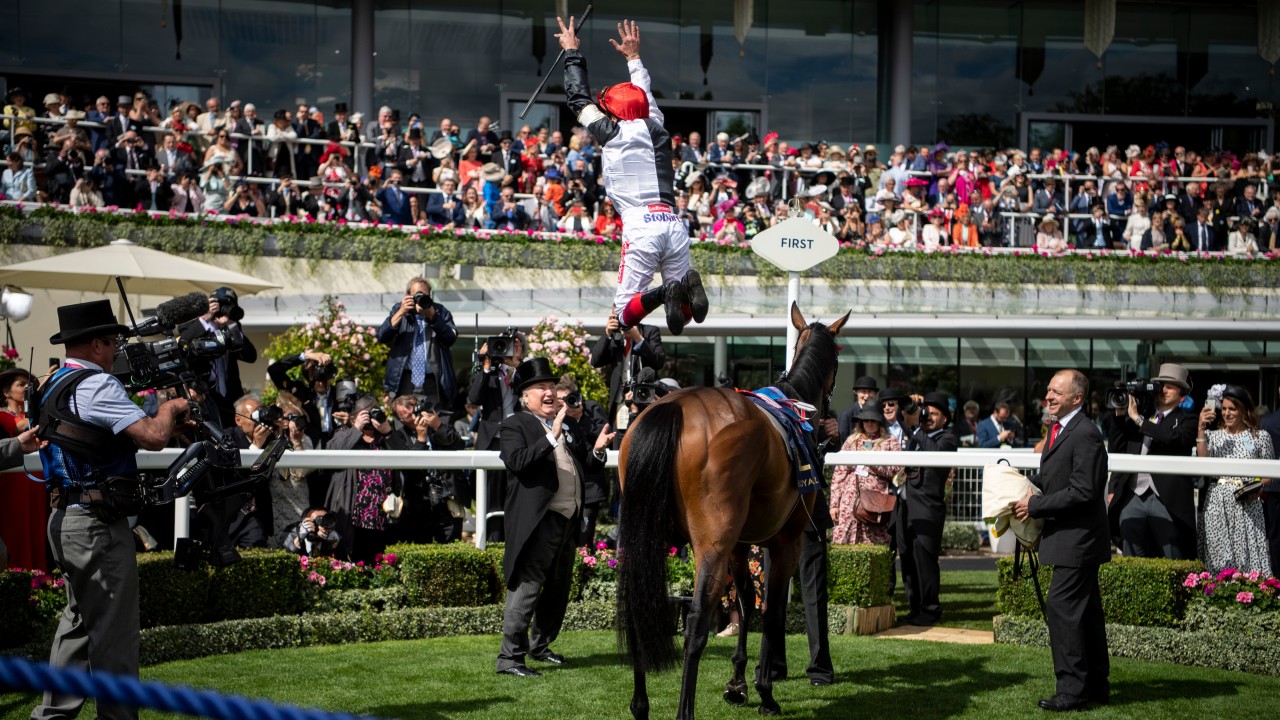 Frankie Dettori does a flying dismount from Star Catcher after winning the Ribblesdale Stakes at Royal Ascot in 2019.