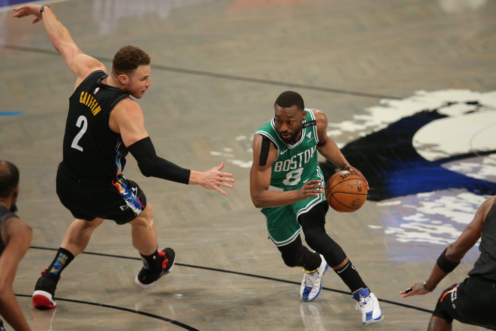 Boston Celtics point guard Kemba Walker (8) drives to the basket against Brooklyn Nets power forward Blake Griffin (2) during the first quarter of game two of the first round of the 2021 NBA Playoffs at Barclays Center.