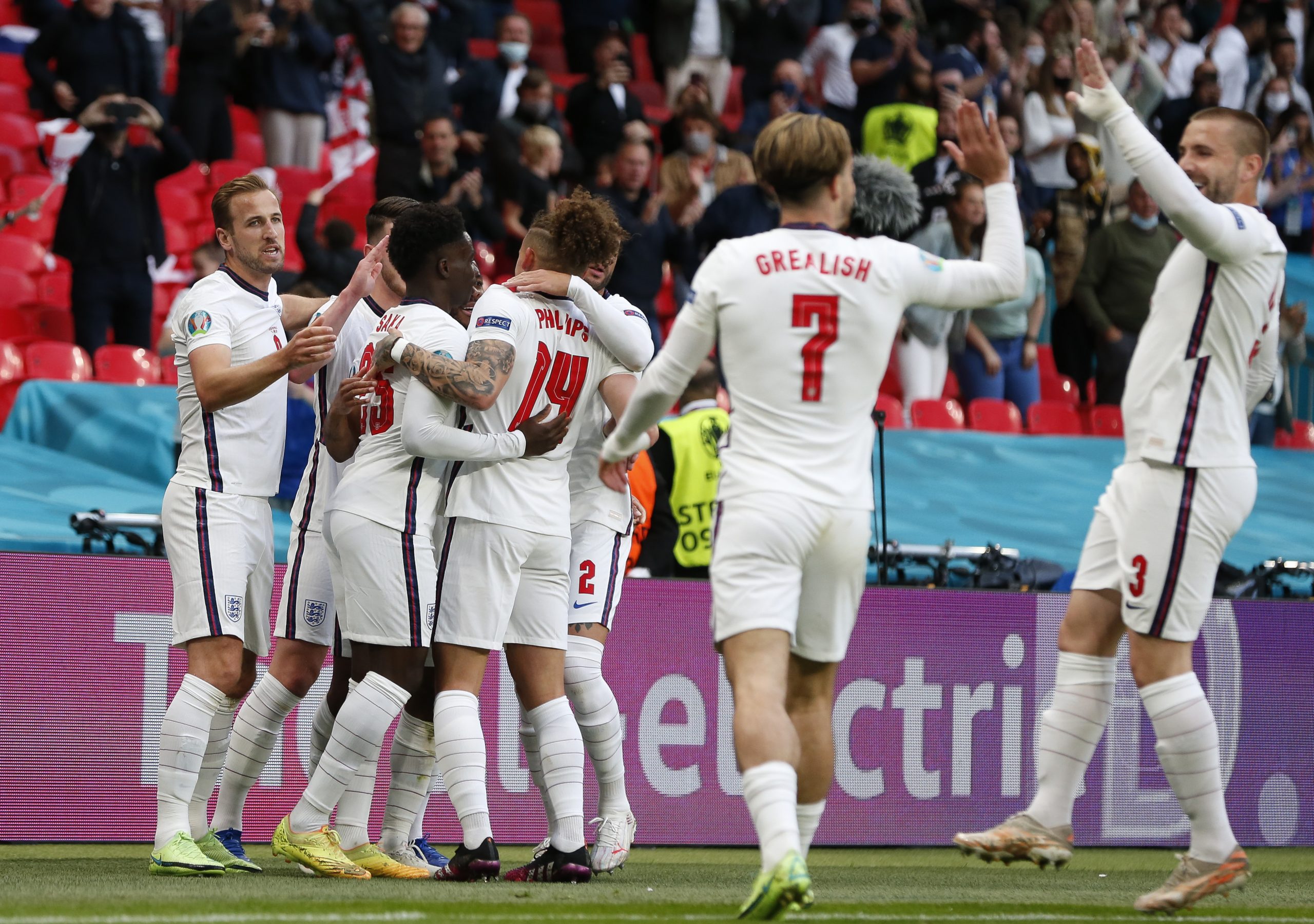 England's players celebrate the goal by Raheem Sterling during the Group D match between England and the Czech Republic at the UEFA EURO 2020 in London, Britain, on June 22, 2021.