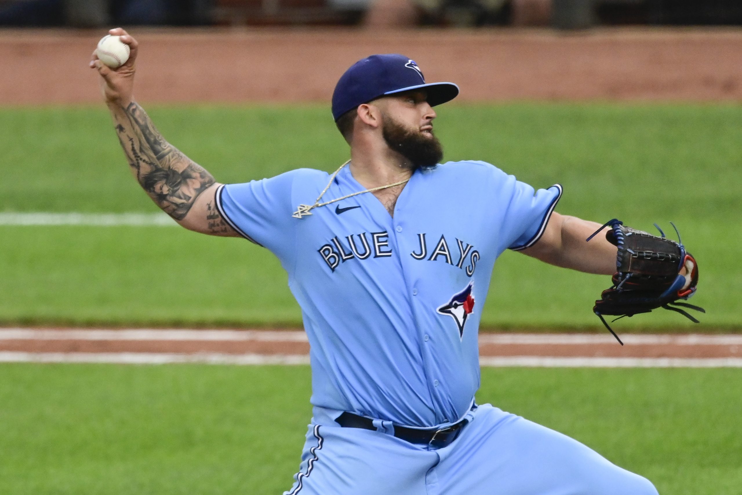 Toronto Blue Jays starting pitcher Alek Manoah (6) delivers a third inning pitch against the Baltimore Orioles at Oriole Park at Camden Yards.