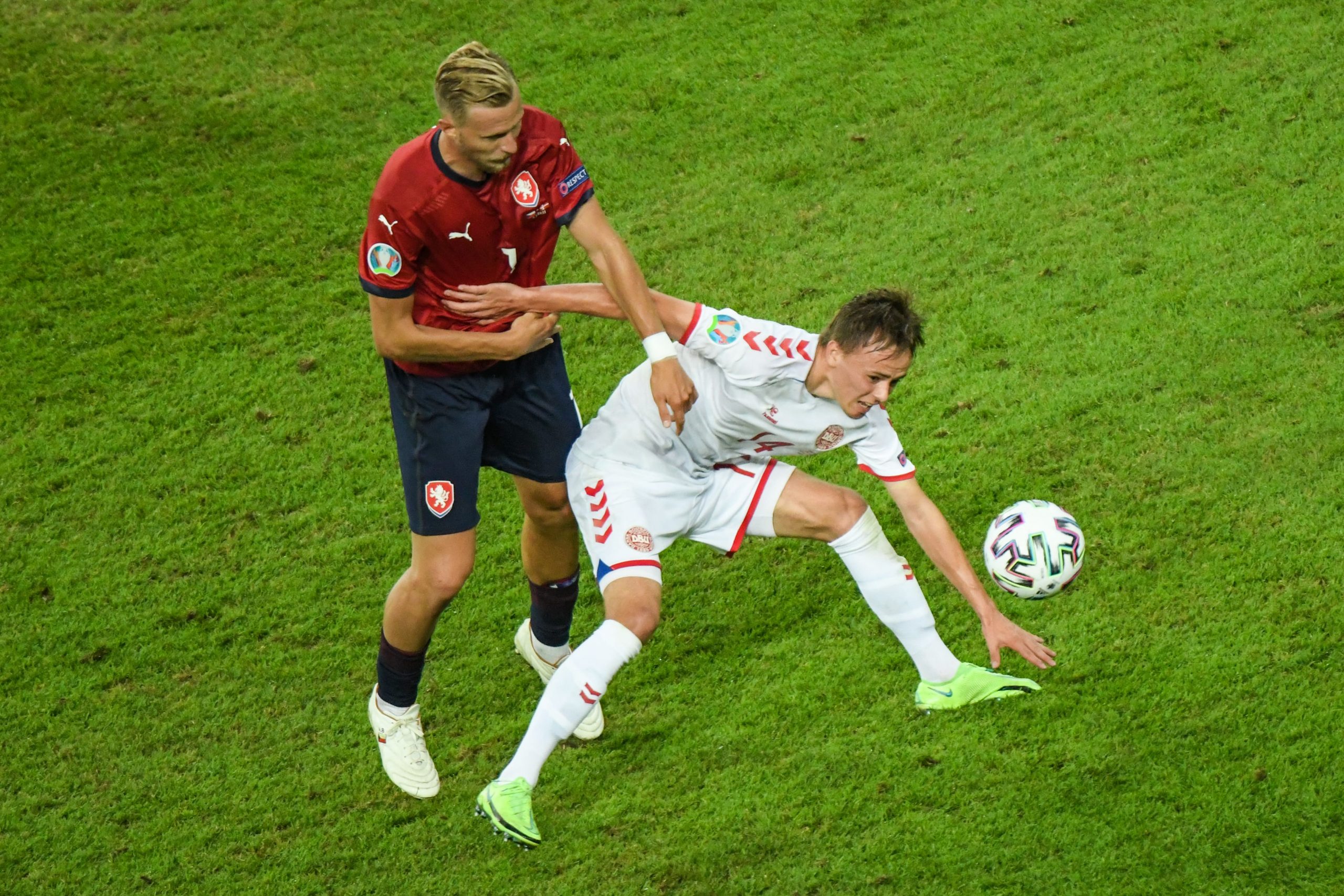 Denmark's Mikkel Damsgaard (right) in action against Czech Republic