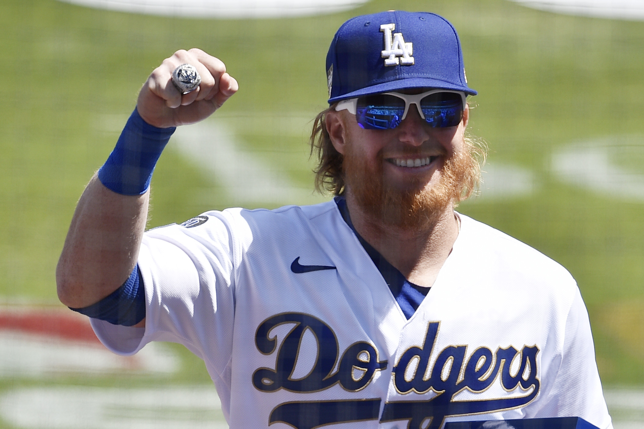 Los Angeles Dodgers third baseman Justin Turner (10) walks off the field after receiving his championship ring during the 2020 World Series Championship ceremony at Dodger Stadium same game parlay