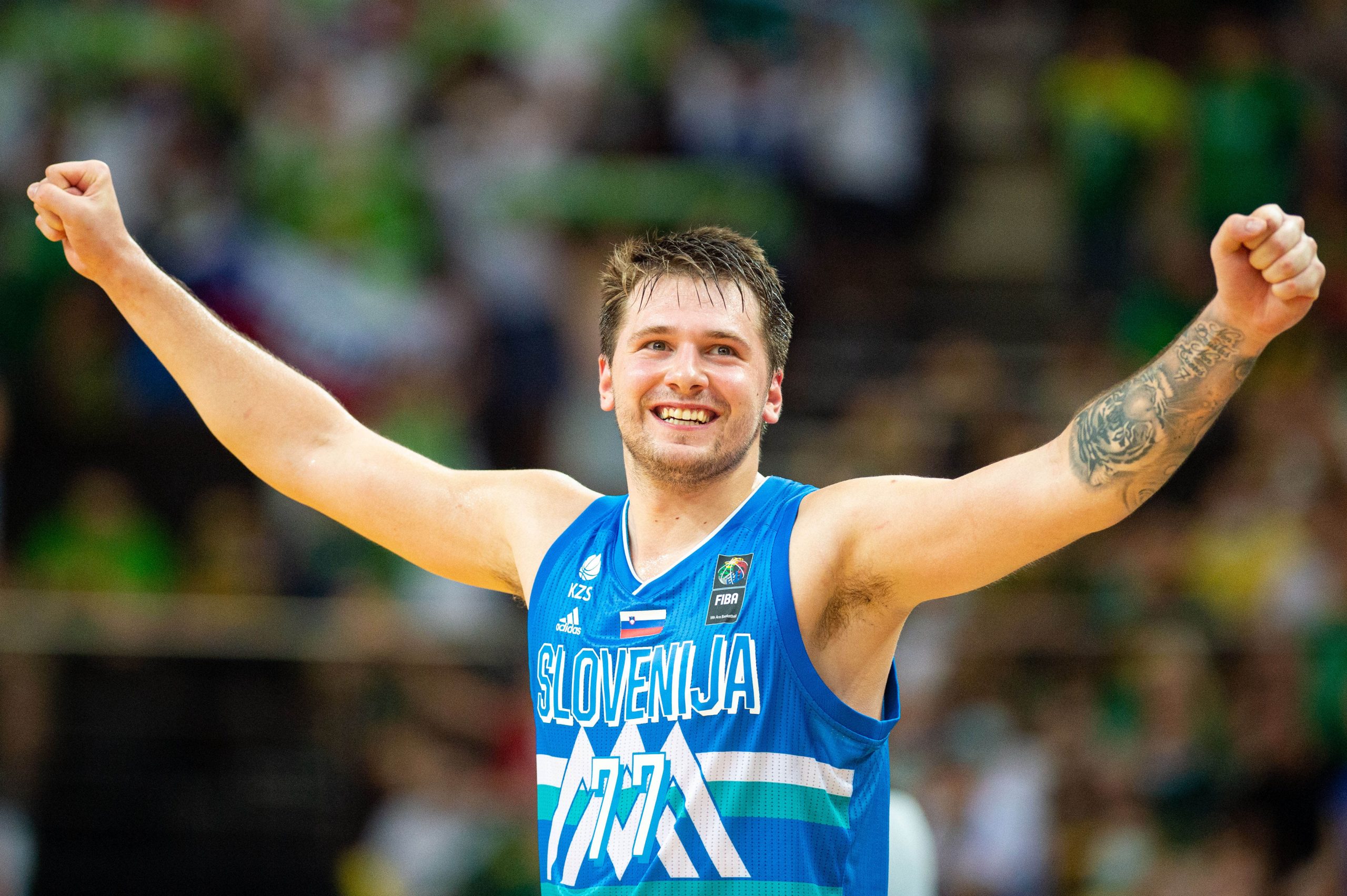 Luka Doncic of Slovenia celebrates during the 2020 FIBA Men's Olympic Qualifying Tournament final match between Lithuania and Slovenia in Kaunas, Lithuania, July 4, 2021.