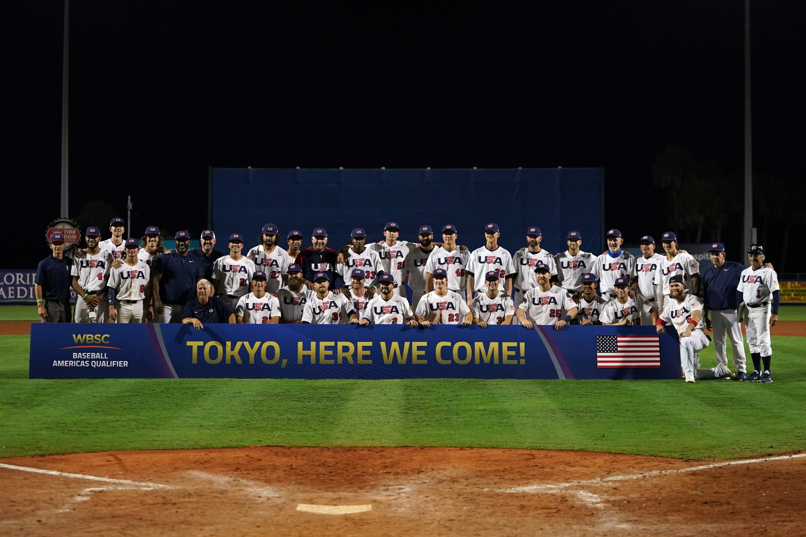 USA players pose for a picture after defeating Venezuela in the Super Round of the WBSC Baseball Americas Qualifier series game at Clover Park, and qualifying for the Olympics Games in Tokyo Japan Israel