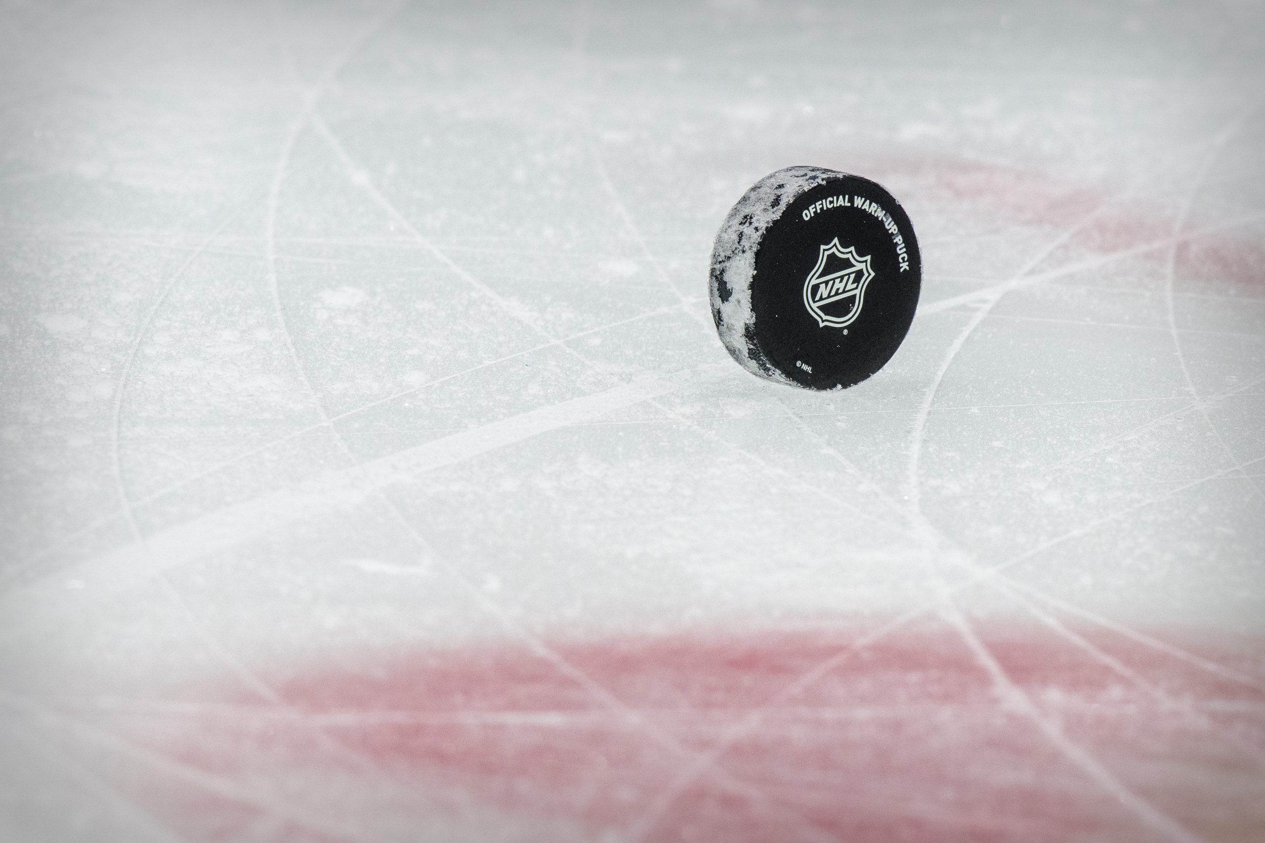 A view of a puck and the NHL logo and the face-off circle before the game between the Dallas Stars and the Detroit Red Wings at the American Airlines Center