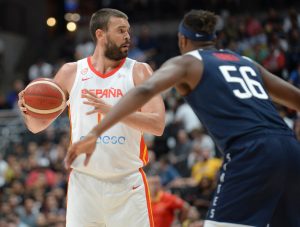 Spain center Marc Gasol (13) controls the ball against USA center Myles Turner (56) during the first half of an exhibition game at Honda Center.