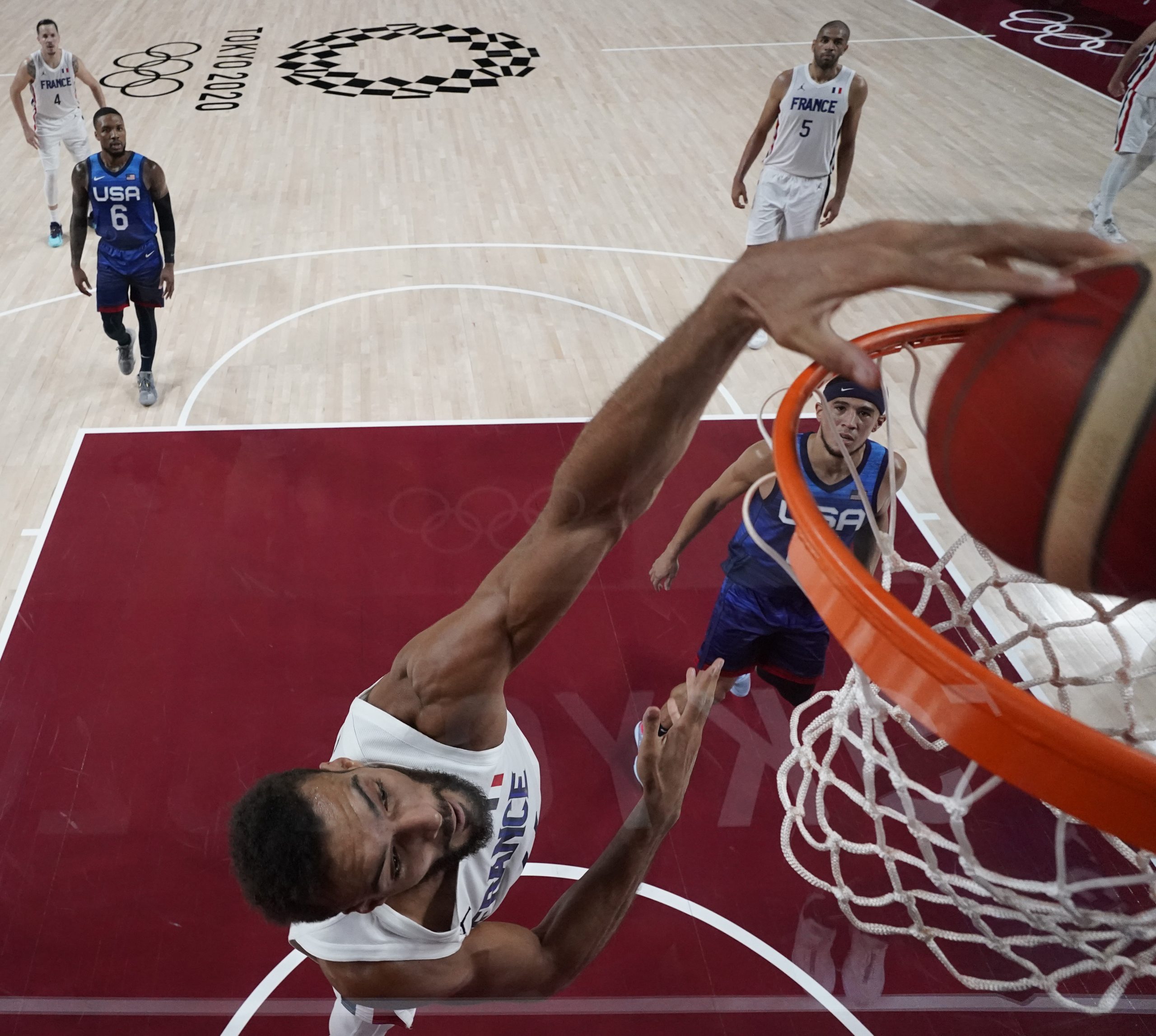 France player Rudy Gobert (27) shoots against USA during the Tokyo 2020 Olympic Summer Games at Saitama Super Arena
