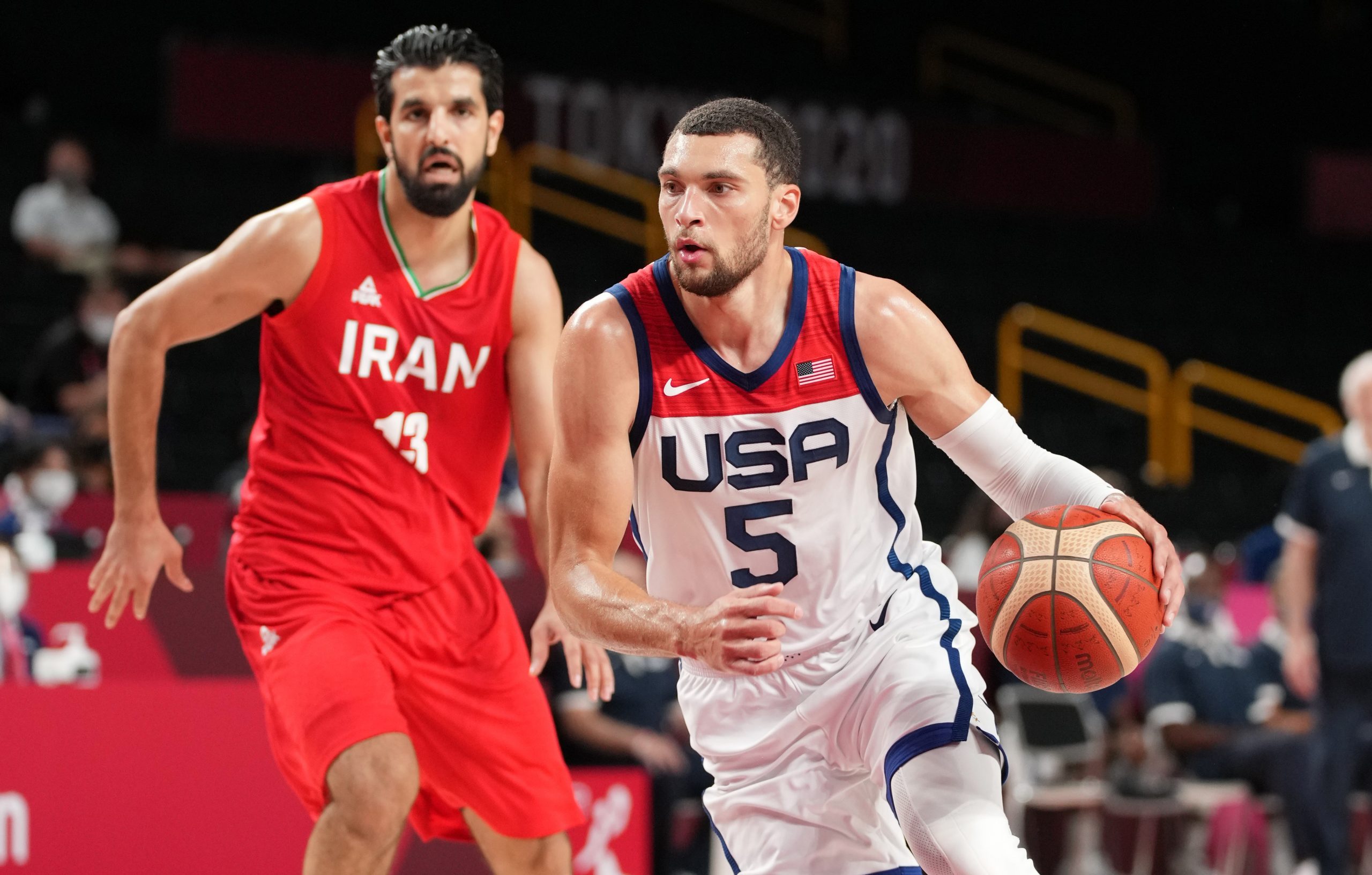 Team USA player Zach Lavine (5) drives against Iran during the Tokyo 2020 Olympic Summer Games at Saitama Super Arena