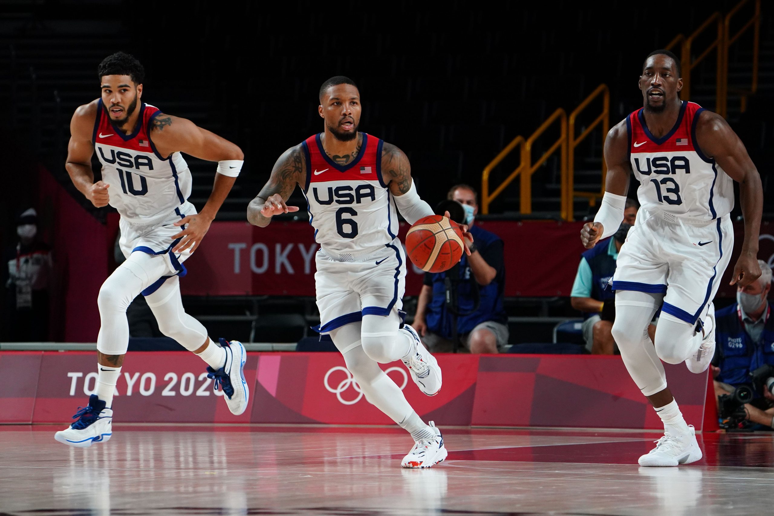 Team USA players Damian Lillard, Jayson Tatum and Draymond Green