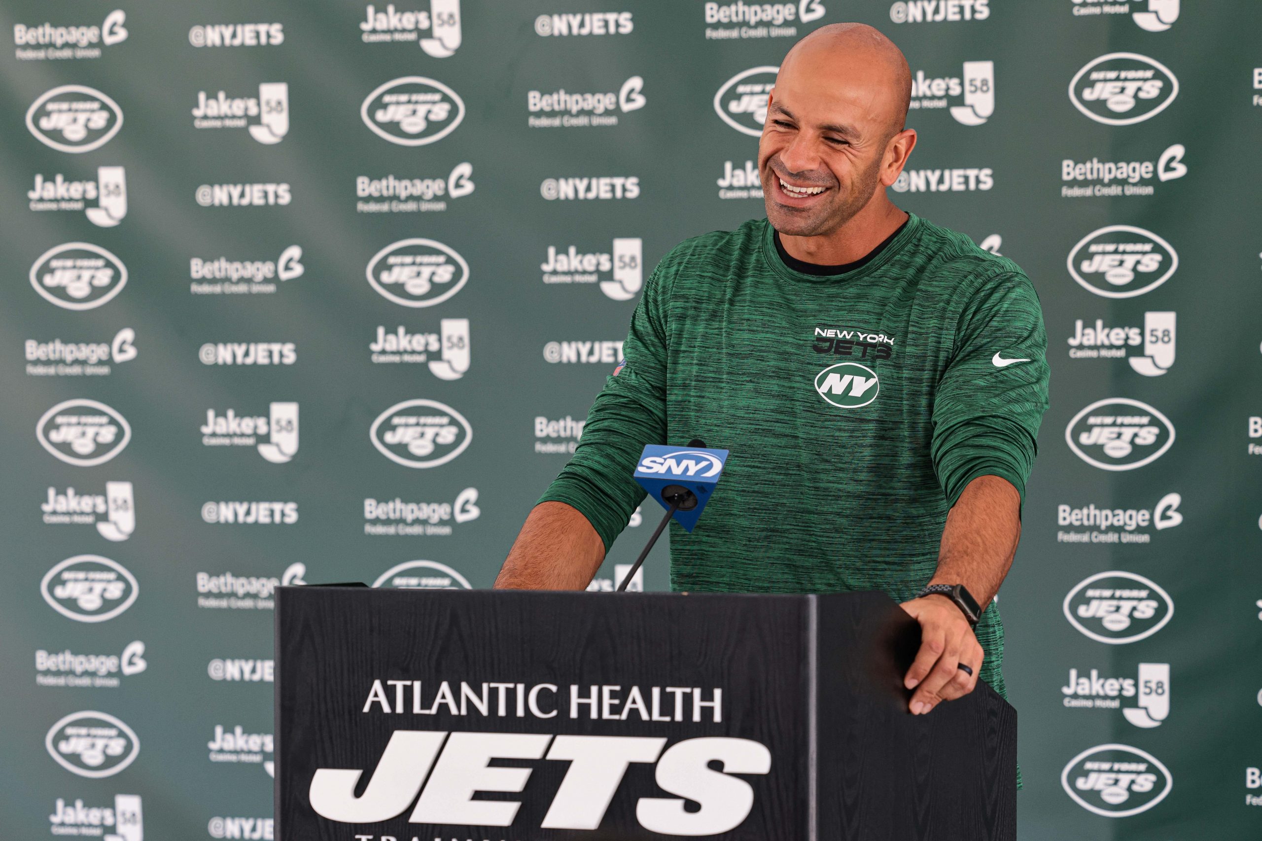 New York Jets head coach Robert Saleh talks with the media during training camp at Atlantic Health Jets Training Center.