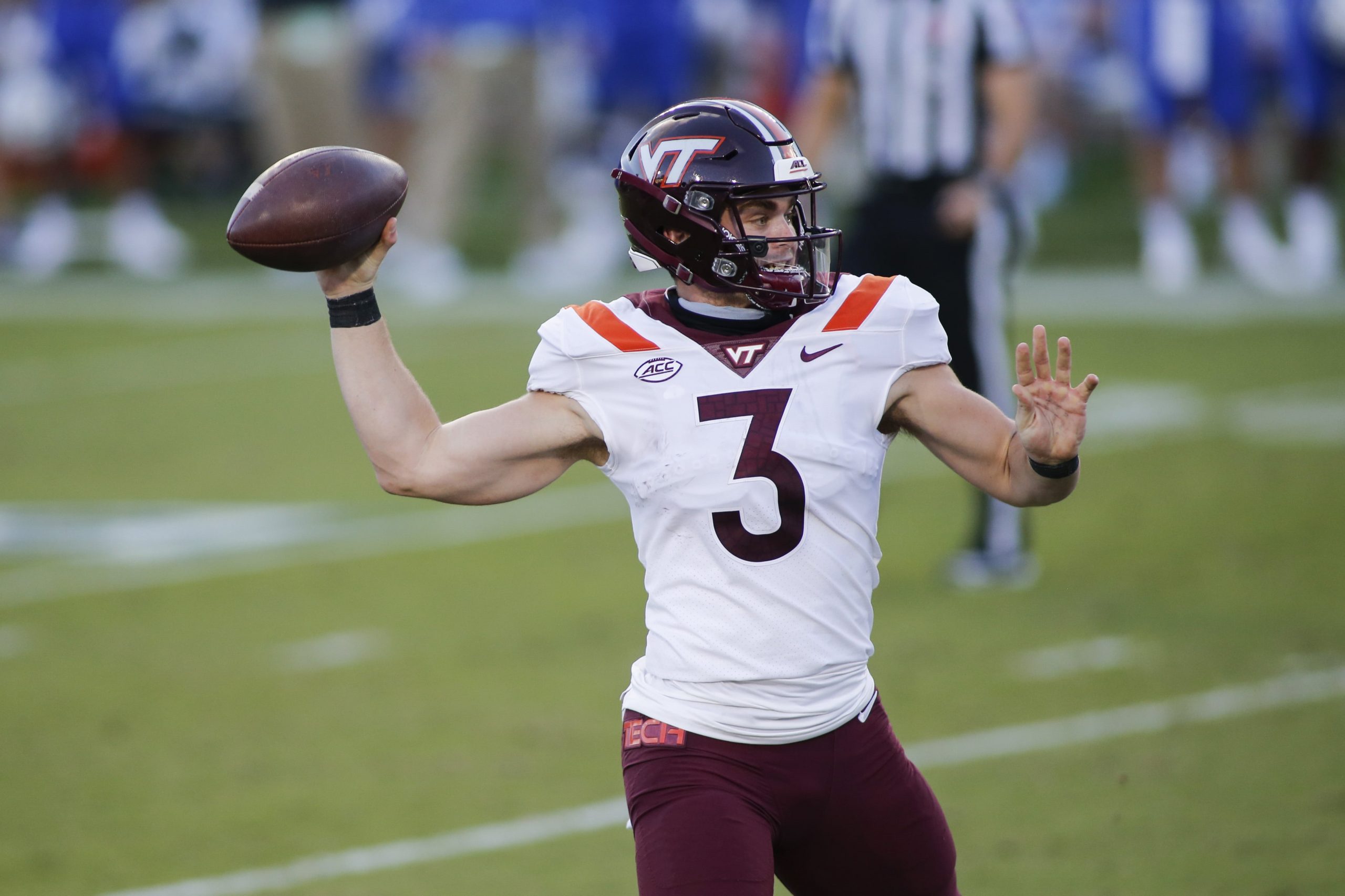 Virginia Tech Hokies quarterback Braxton Burmeister (3) passes against the Duke Blue Devils in the second half at Wallace Wade Stadium. The Virginia Tech Hokies won 38-31.