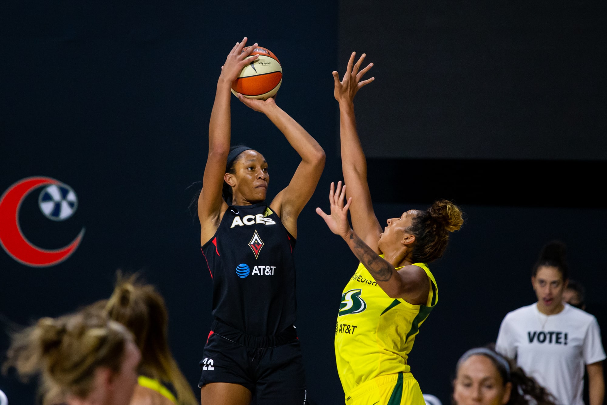 Las Vegas Aces' A'ja Wilson shoots over a defender.