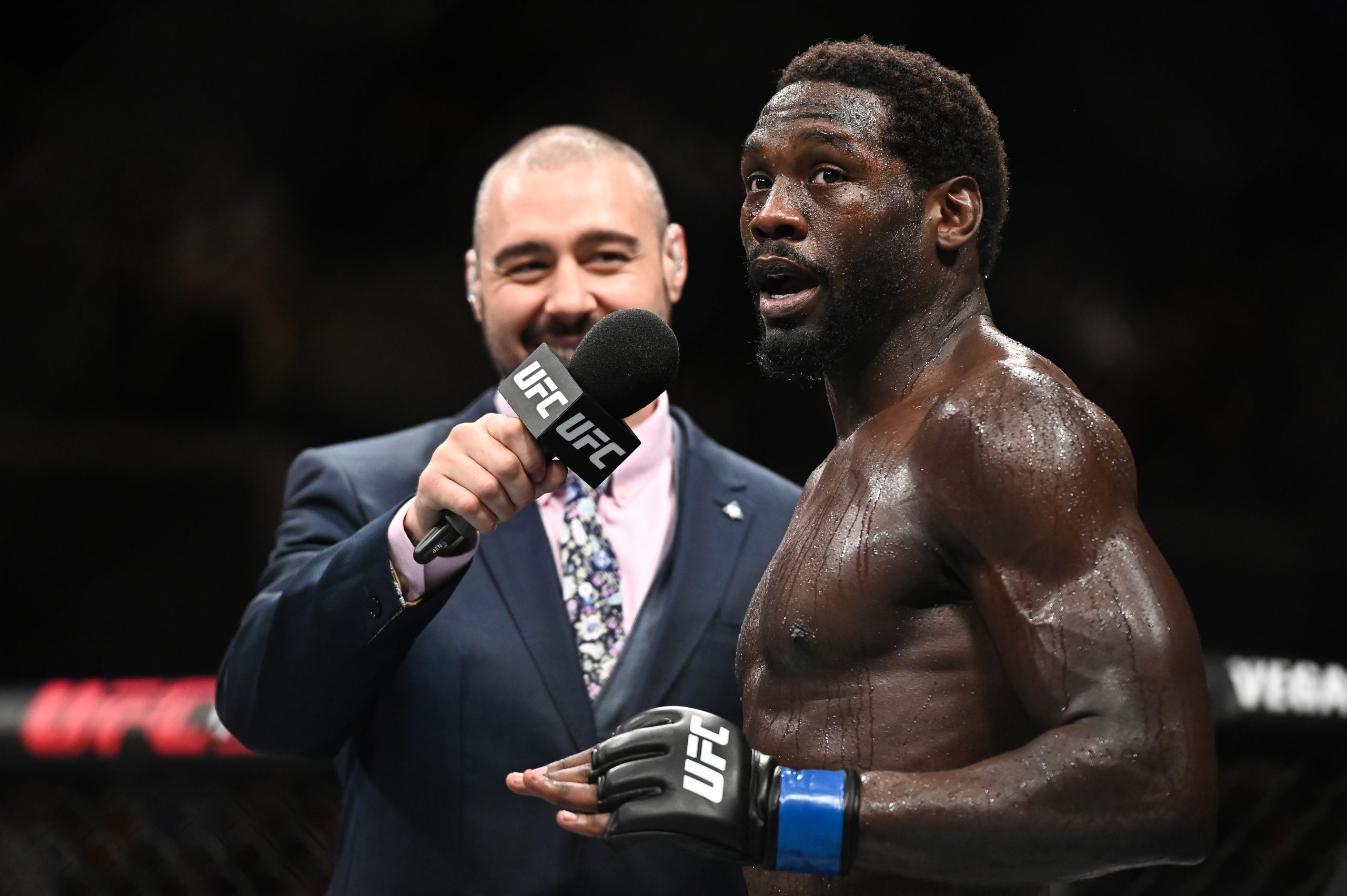 Sep 28, 2019; Copenhagen, DEN; Jared Cannonier (blue gloves) is interviewed after defeating Jack Hermansson (not pictured) during UFC Fight Night at Royal Arena.