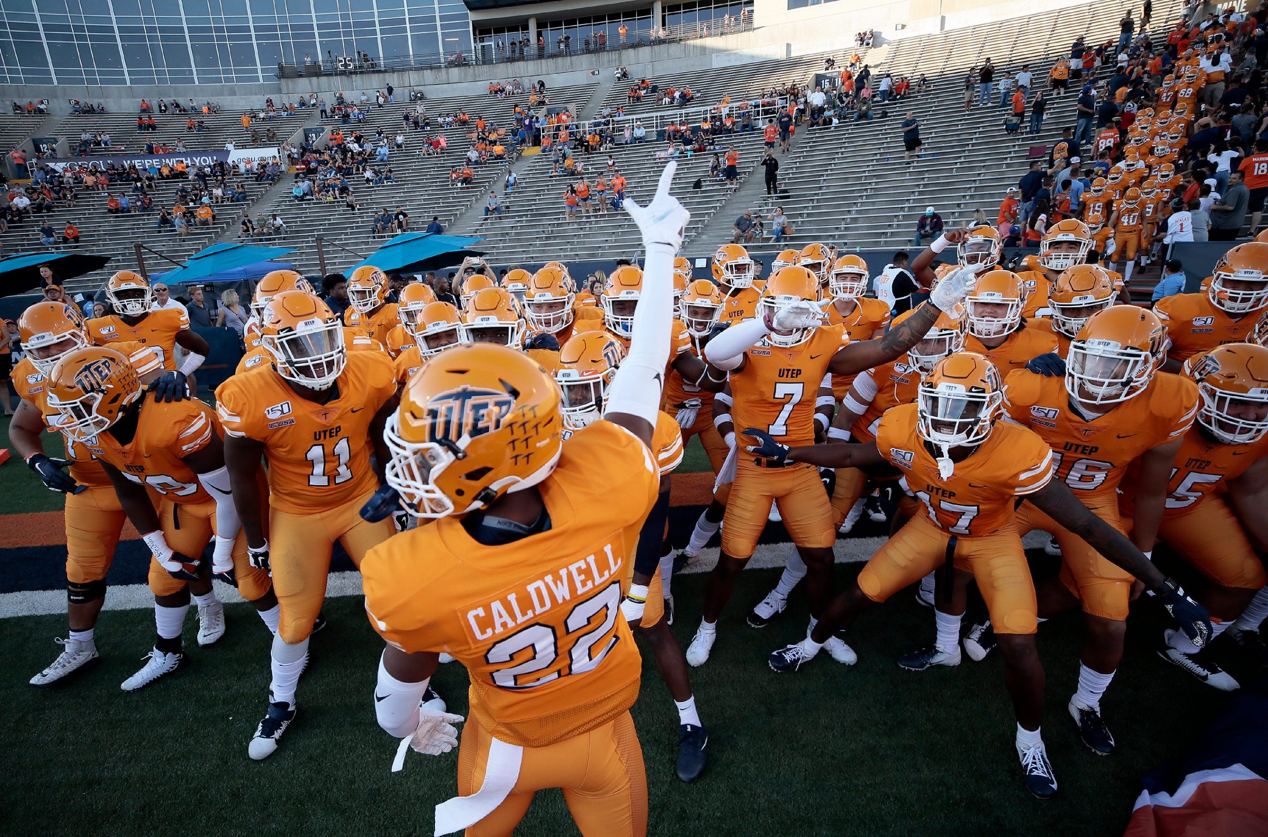 UTEP s Josh Caldwell leads the Miners onto the field Saturday, Oct. 19, 2019, to face UTSA at Sun Bowl Stadium public money