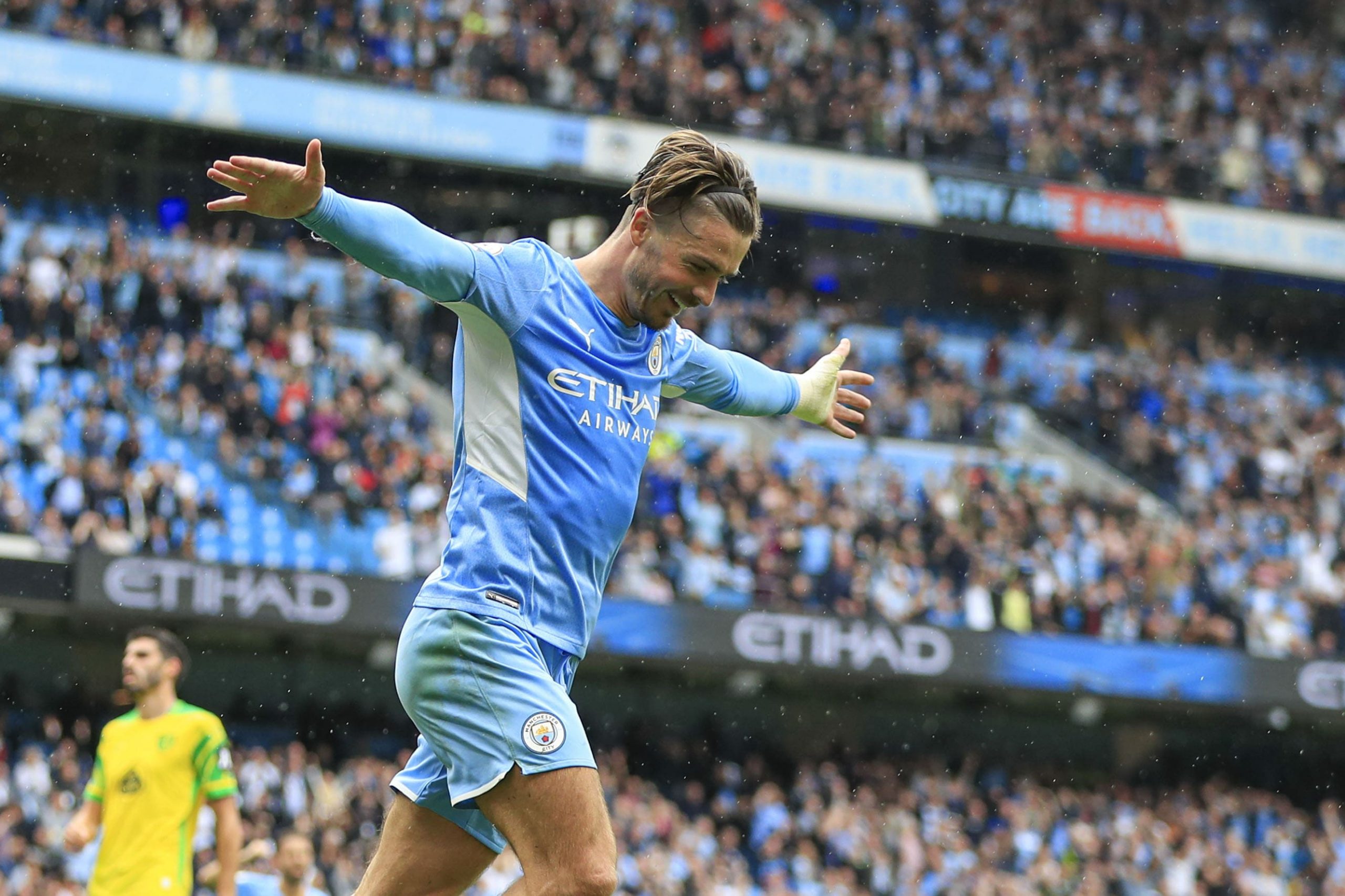 Jack Grealish #10 of Manchester City celebrates his first goal for the club making it 2-0 to City in Manchester, United Kingdom on 8/21/2021.